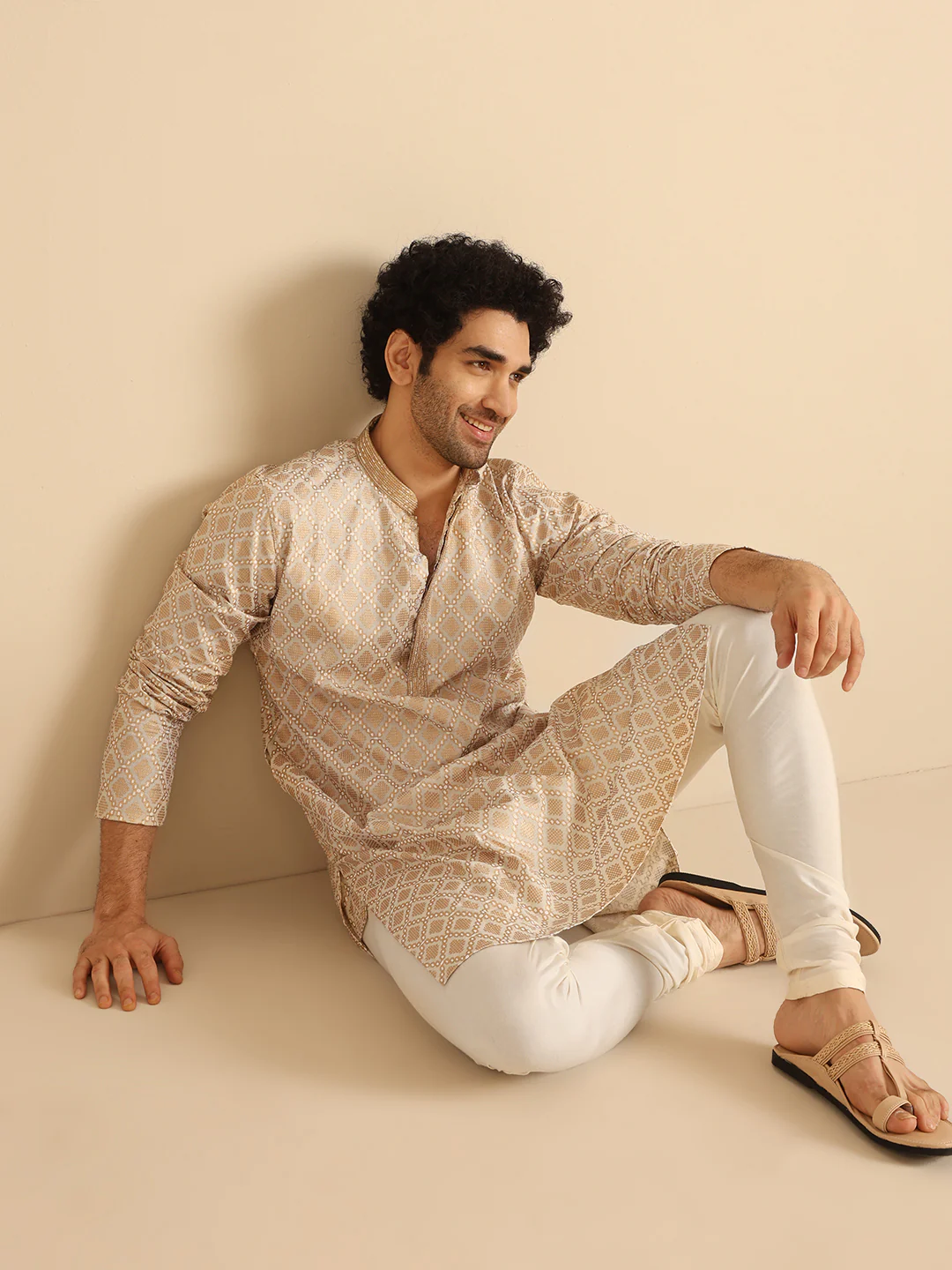 Beige Silk Blend Kurta with Intricate Woven Design and Mandarin Collar - Image 2