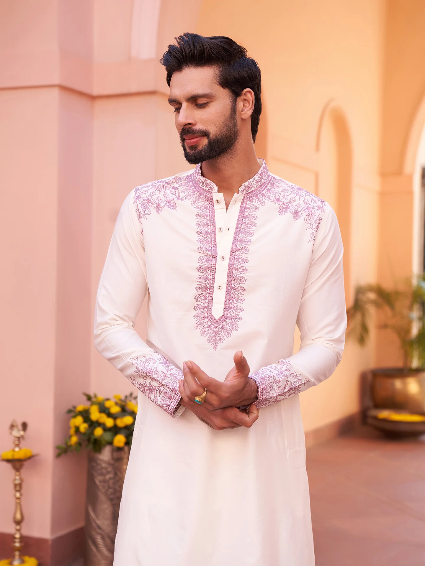 Men Off White Kurta Patiala Set - Image 8
