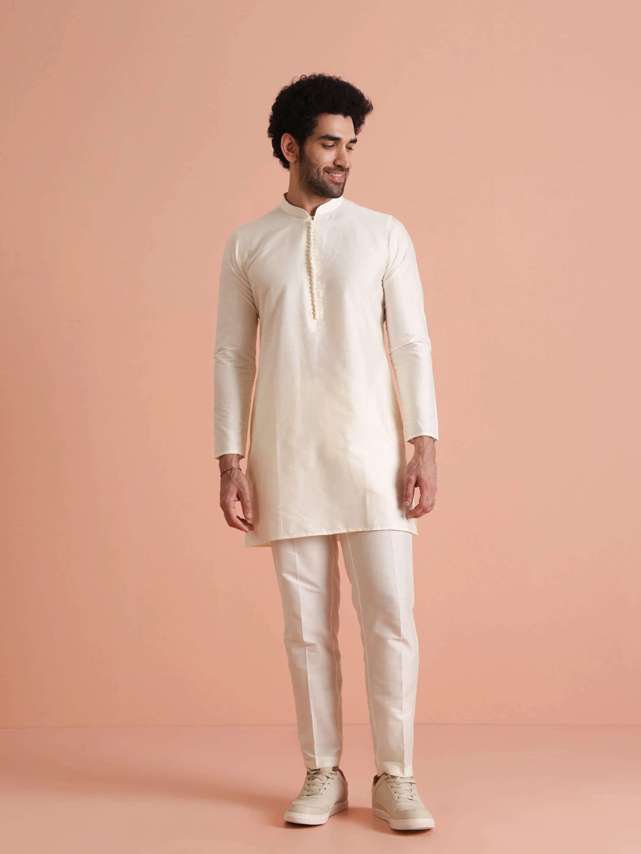 Cream Silk Blend Solid Mid Kurta Trouser - Image 11