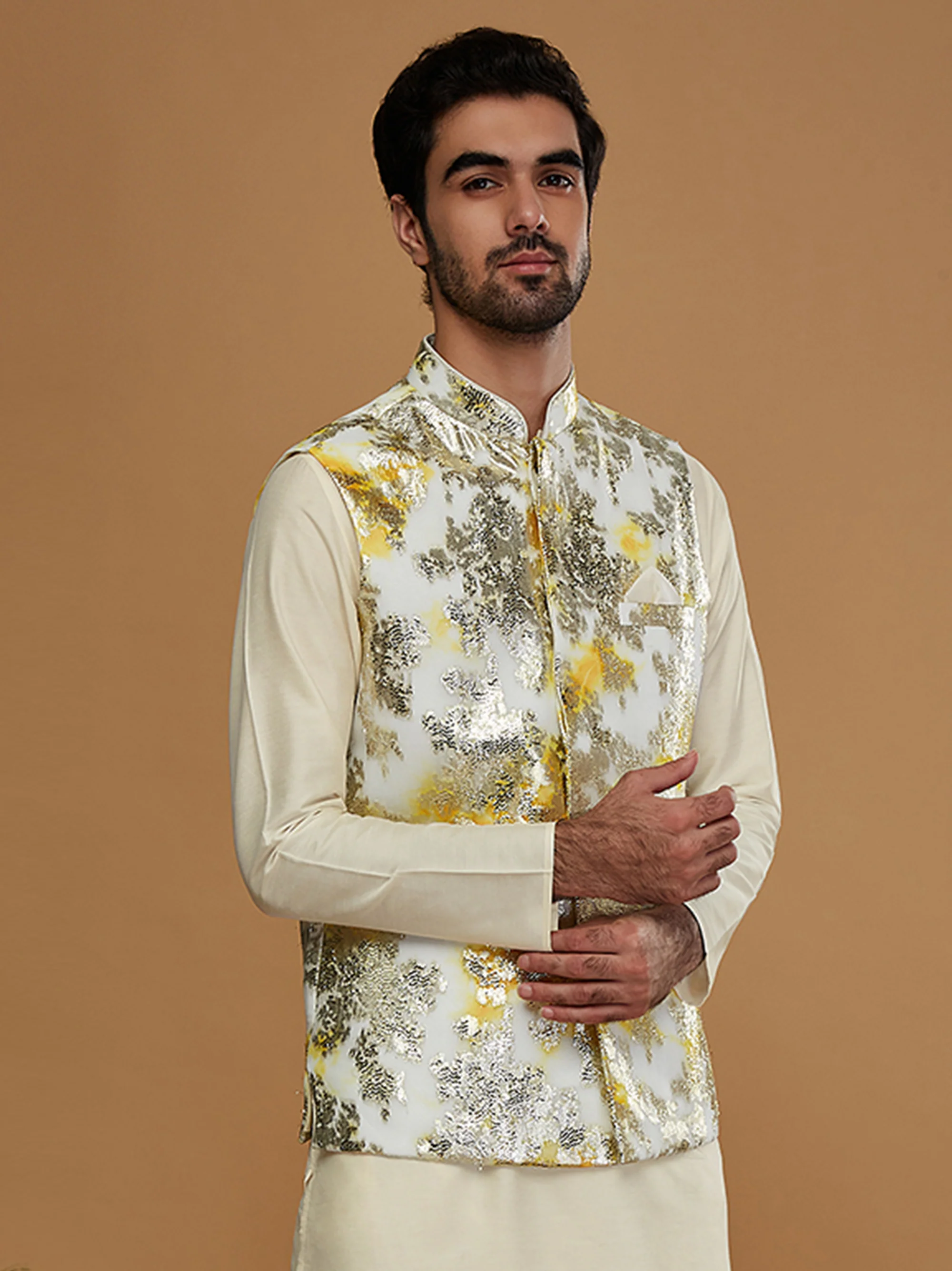 Men Off White Woven Design Nehru Jacket - Image 2