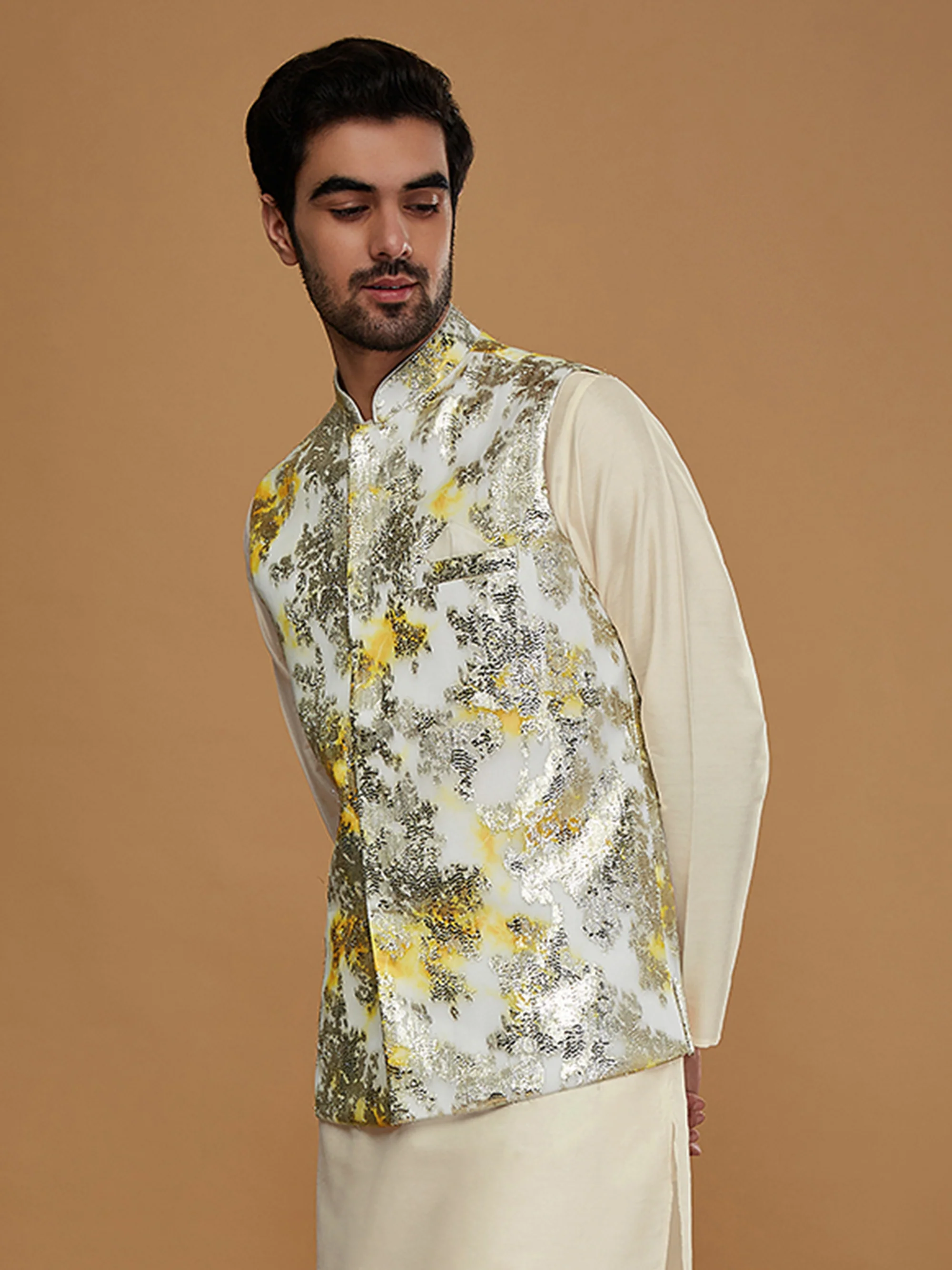 Men Off White Woven Design Nehru Jacket - Image 3