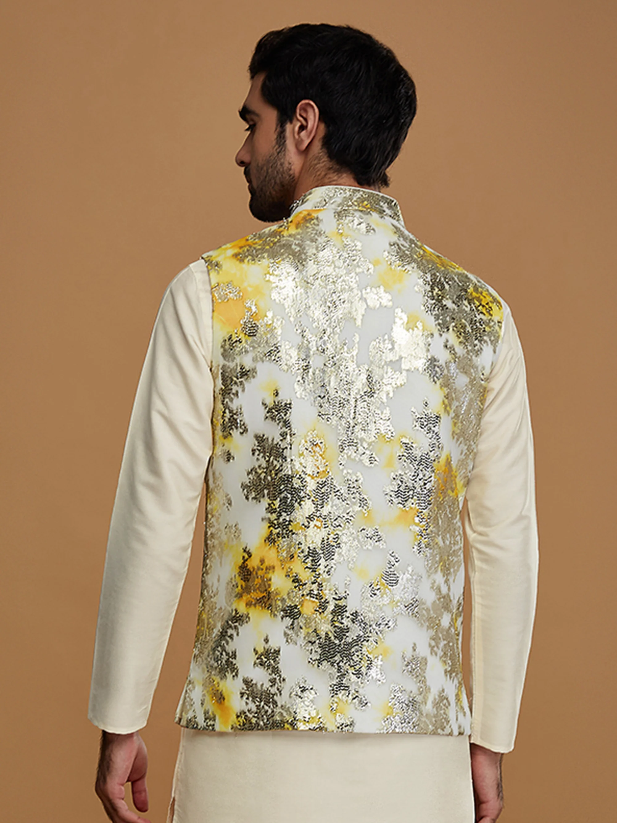 Men Off White Woven Design Nehru Jacket - Image 4