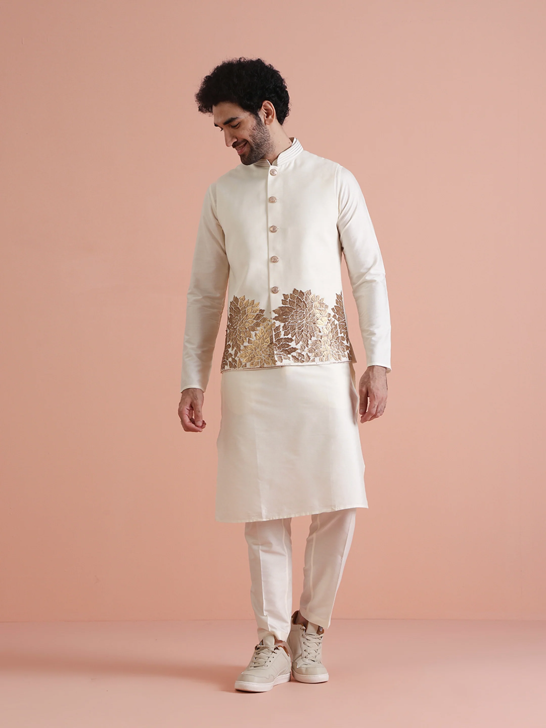 Cream Silk Blend Gold Embroidered Jacket Kurta Trouser Set - Image 2