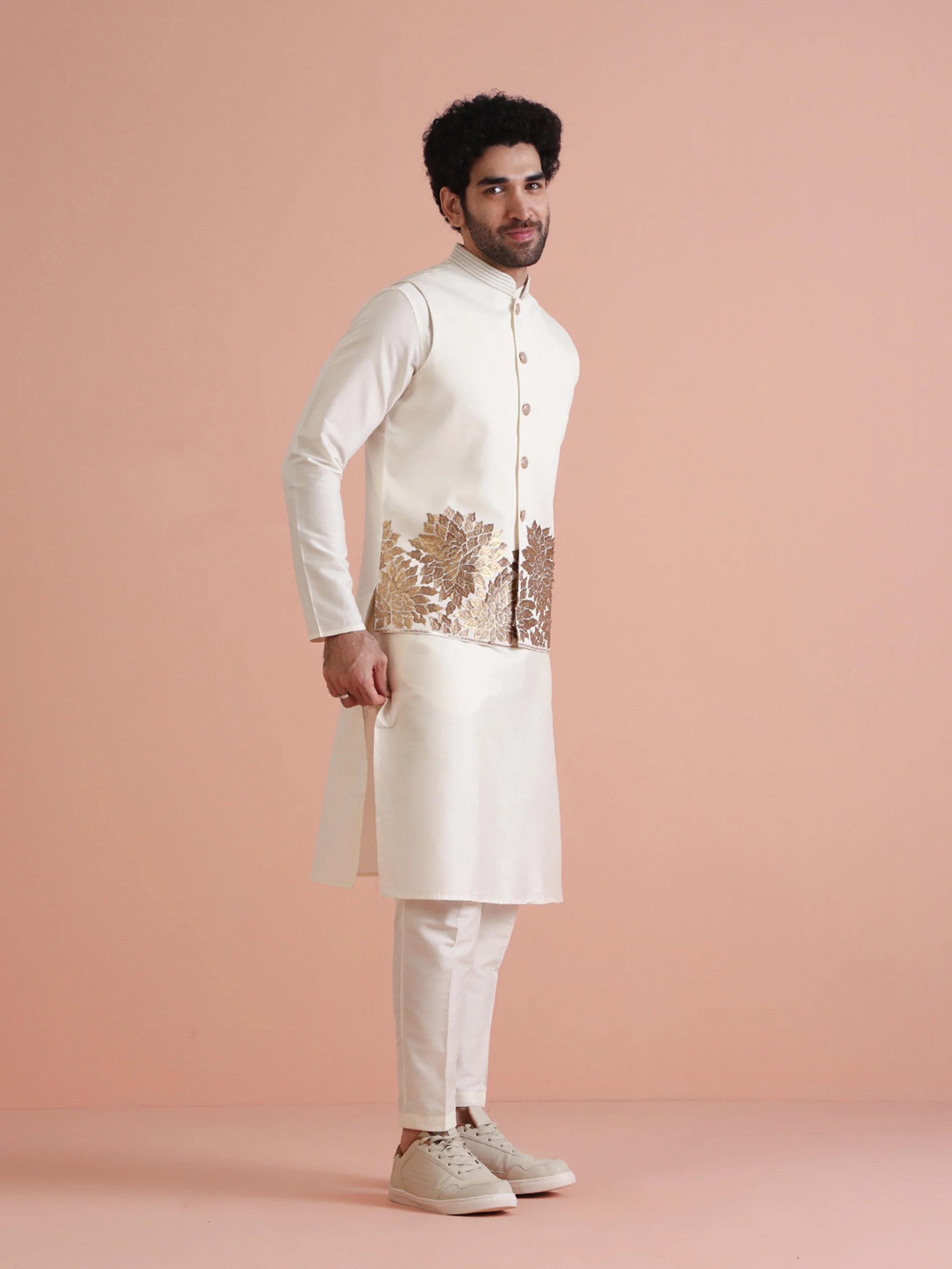 Cream Silk Blend Gold Embroidered Jacket Kurta Trouser Set - Image 3