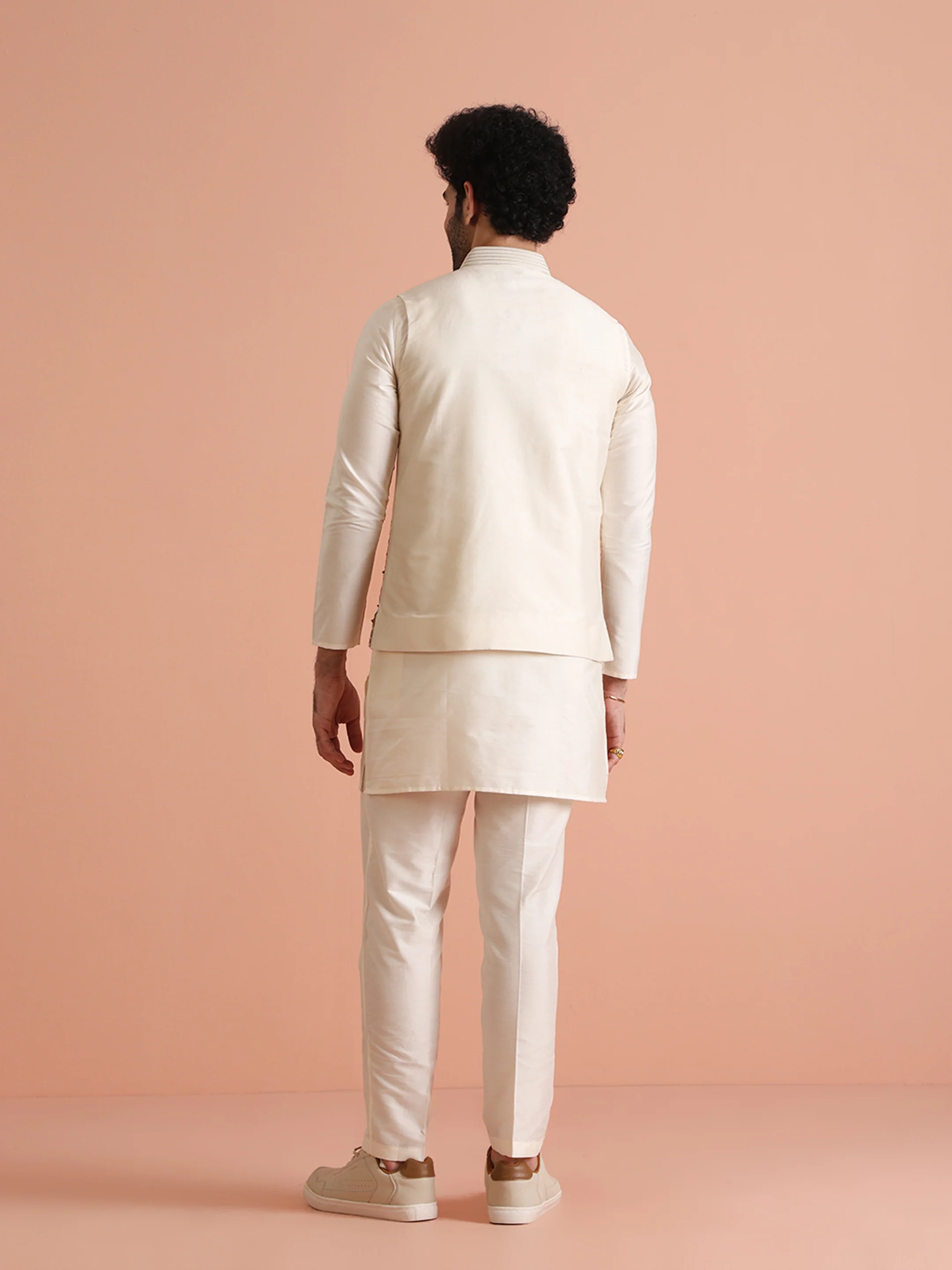 Cream Silk Blend Gold Embroidered Jacket Kurta Trouser Set - Image 5