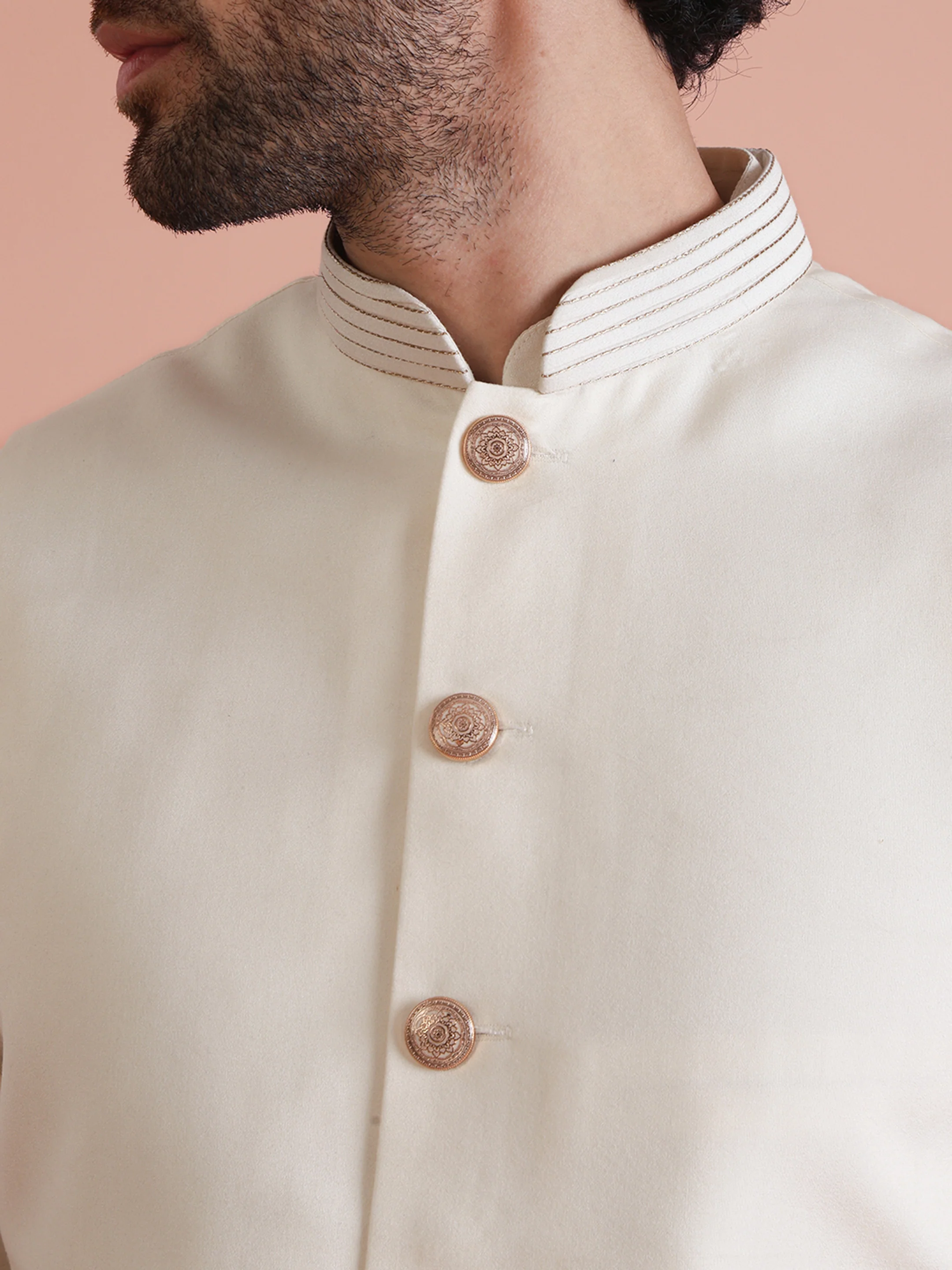 Men Off White Patch Work Nehru Jacket - Image 5
