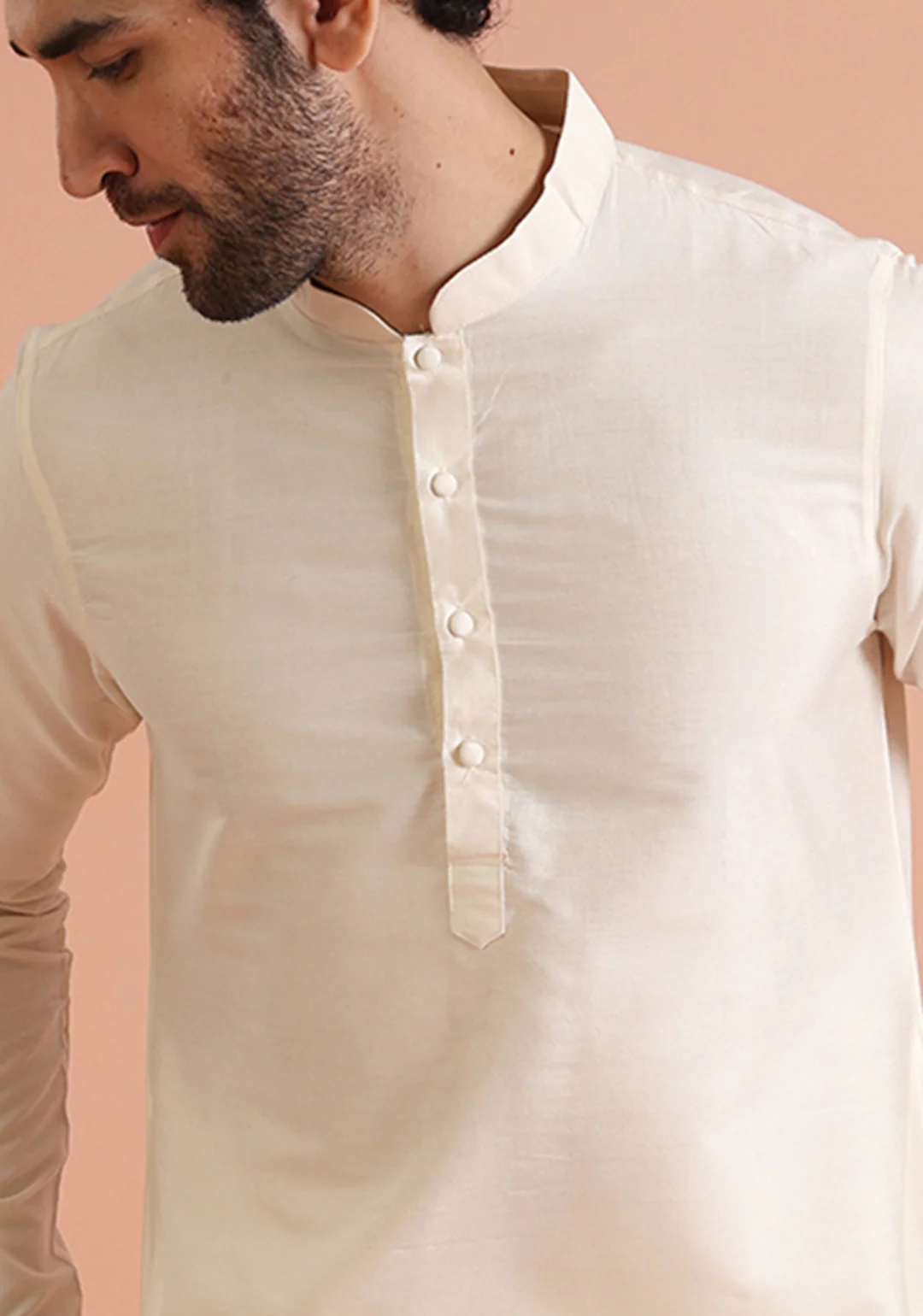 Cream Silk Blend Solid Long Kurta - Image 5