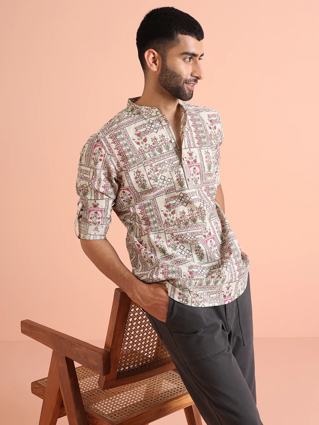 Beige Floral Printed Short Kurta - Image 3