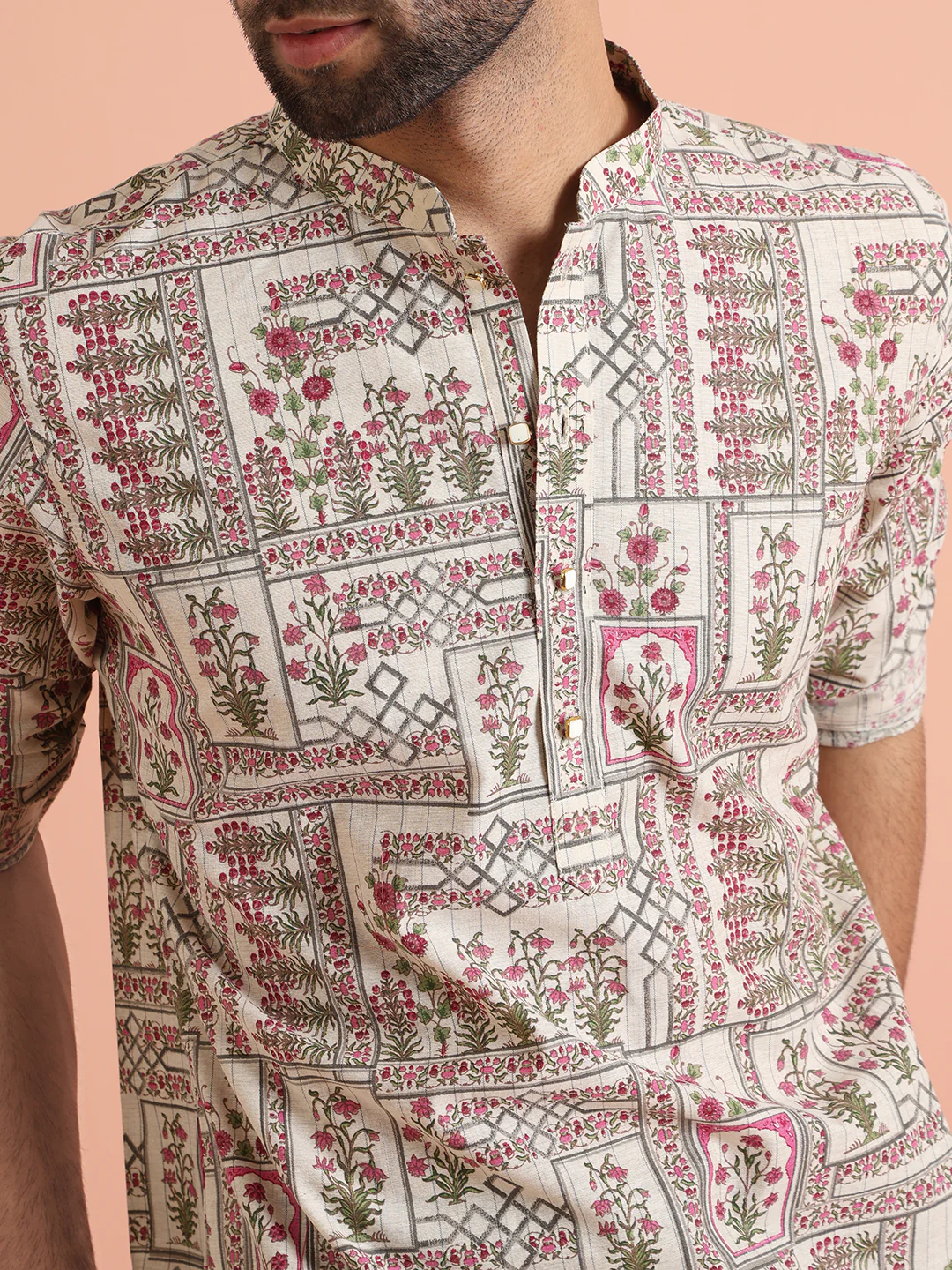 Beige Floral Printed Short Kurta - Image 5