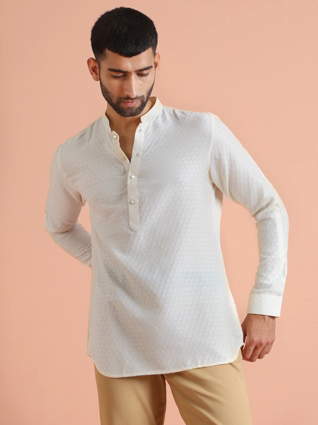 Cream Silk Blend Textured Short Kurta - Image 2