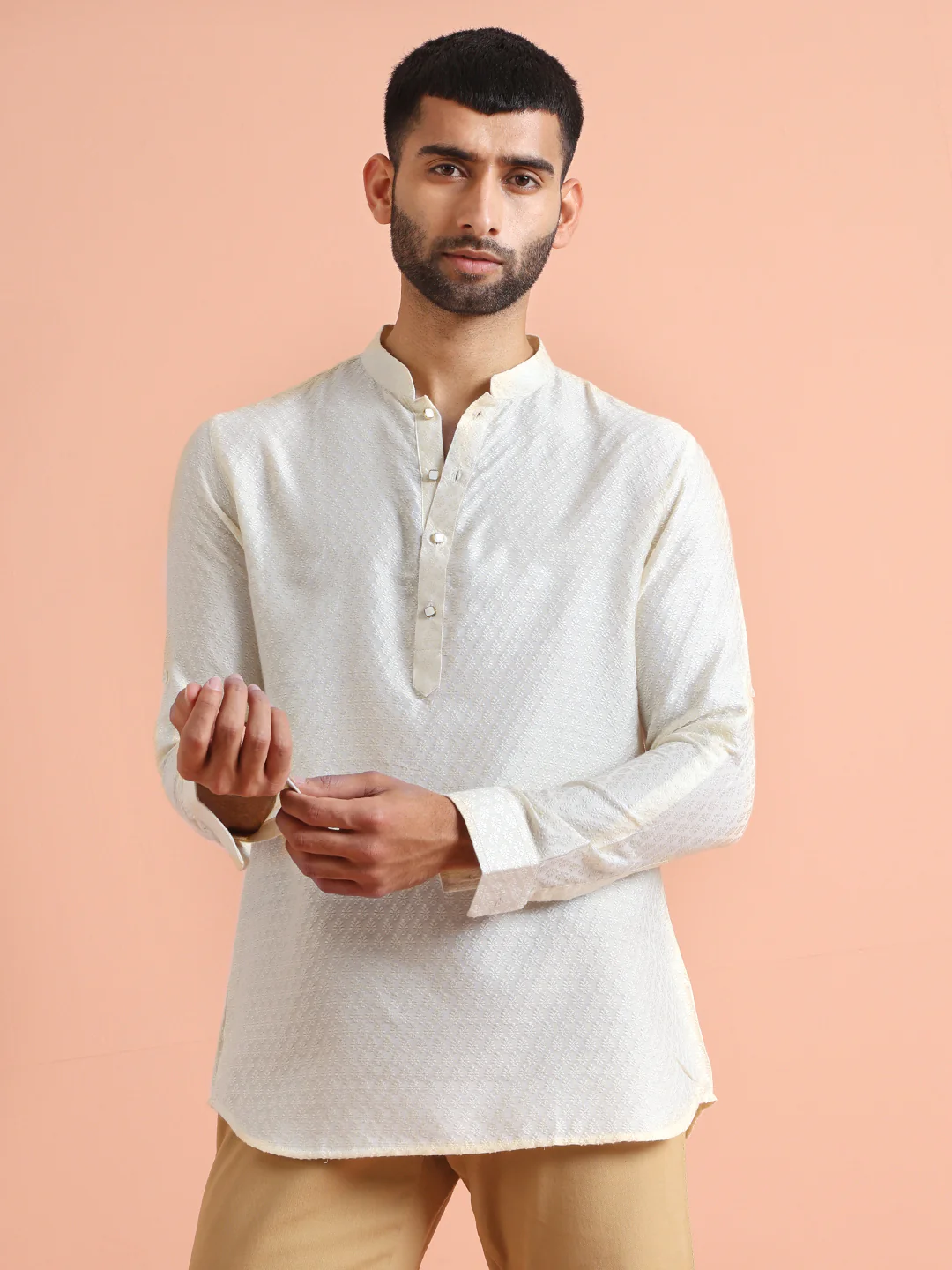 Cream Silk Blend Textured Short Kurta - Image 3