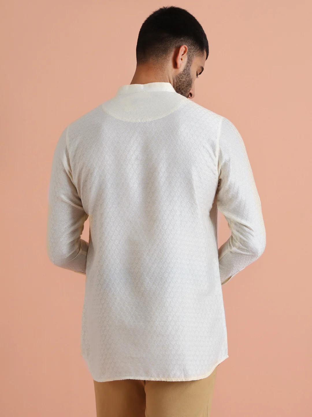 Cream Silk Blend Textured Short Kurta - Image 4