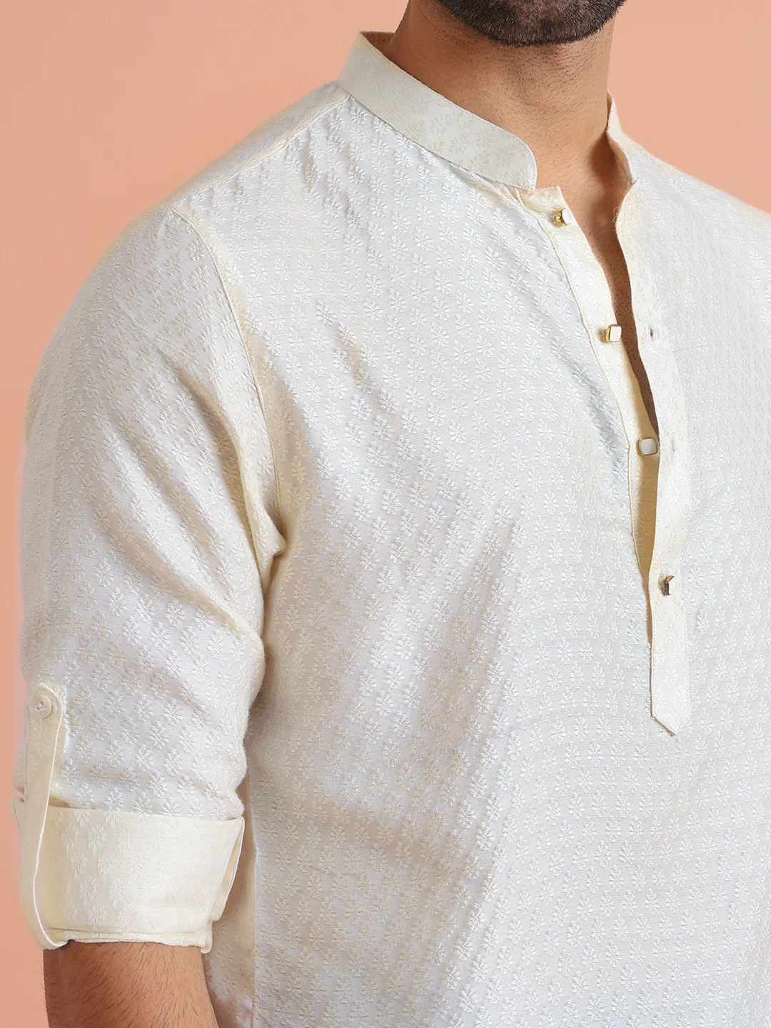 Cream Silk Blend Textured Short Kurta - Image 5