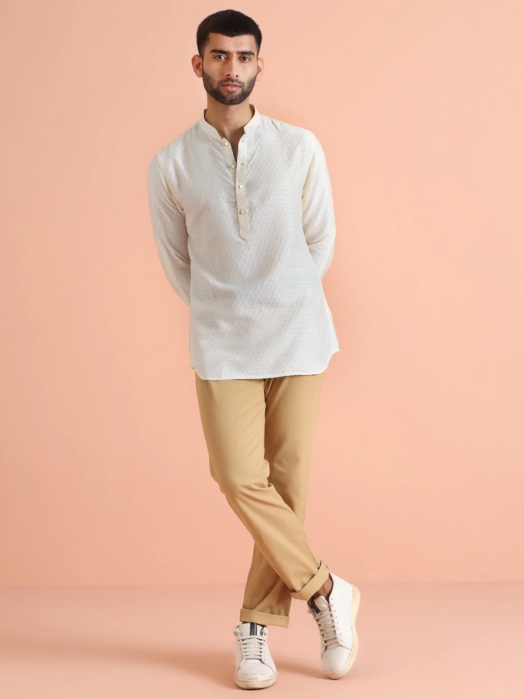 Cream Silk Blend Textured Short Kurta - Image 6