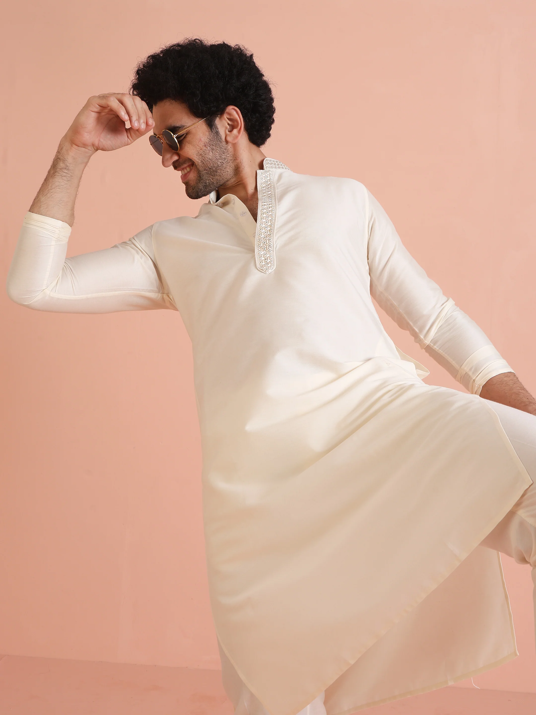 Cream Solid Kurta with Embroidered Collar & Trouser - Image 6
