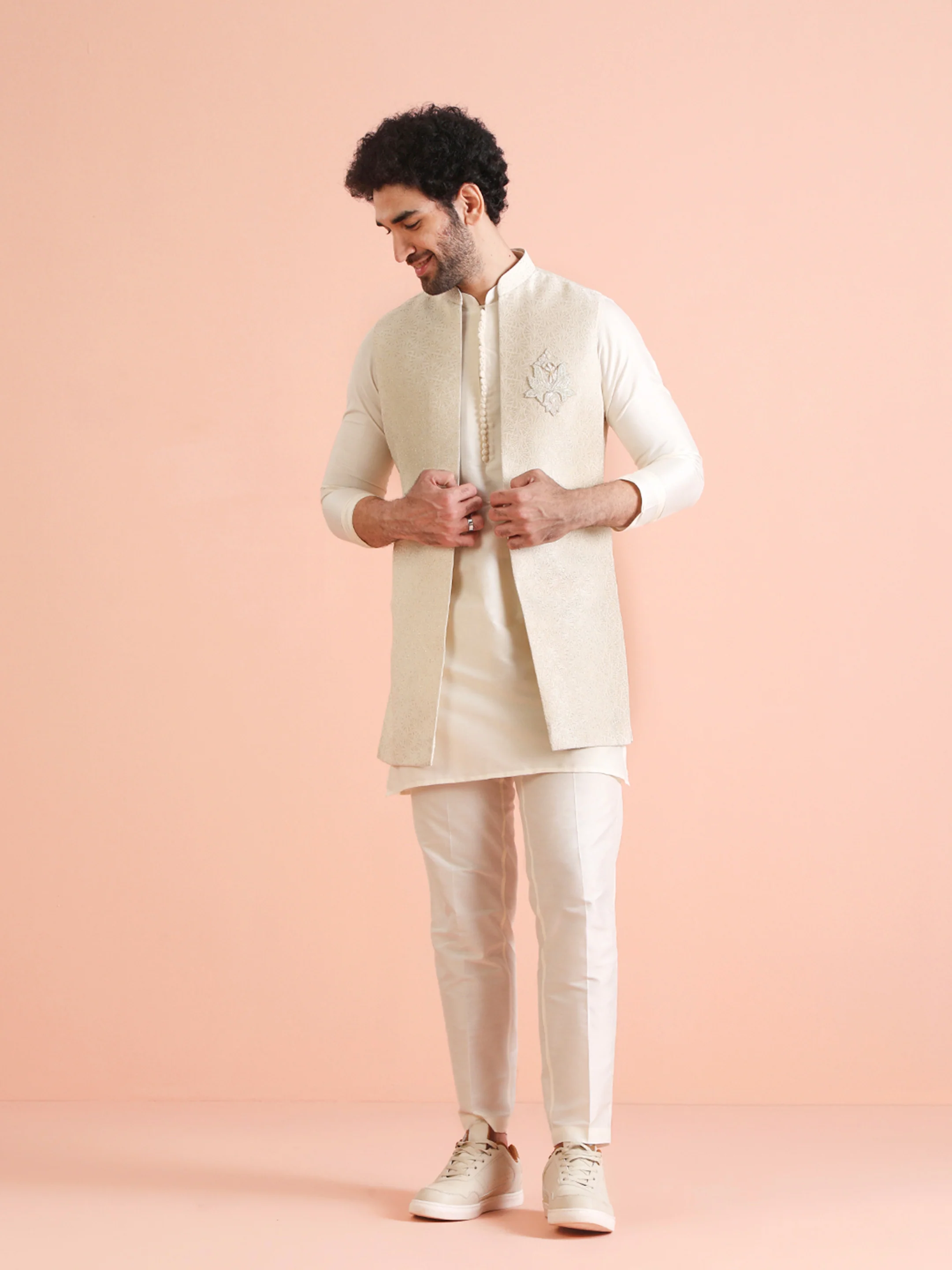 Cream Silk Blend Embroidered Jacket Set with Kurta & Churidar