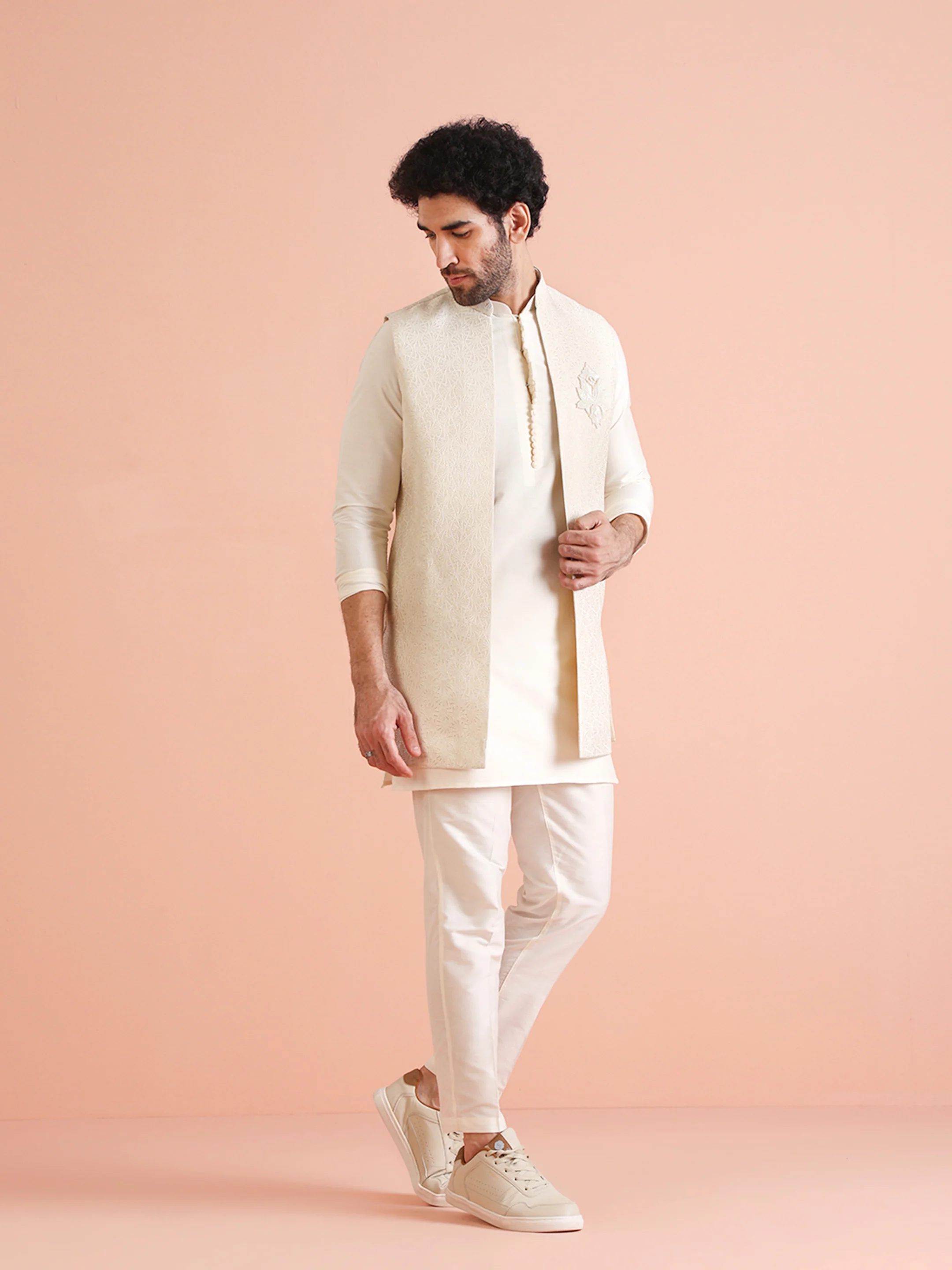 Cream Silk Blend Embroidered Jacket Set with Kurta & Churidar - Image 3