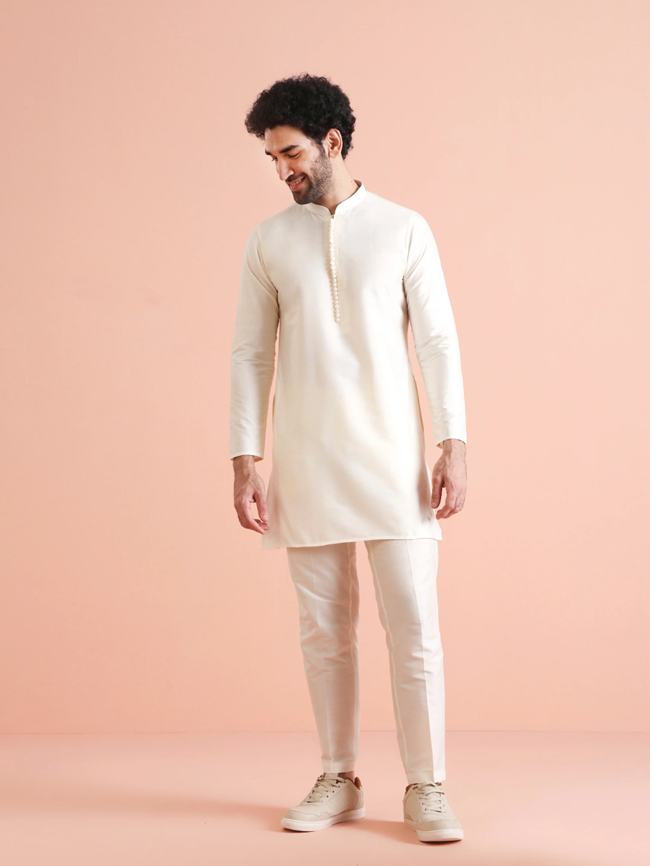 Cream Silk Blend Embroidered Jacket Set with Kurta & Churidar - Image 7