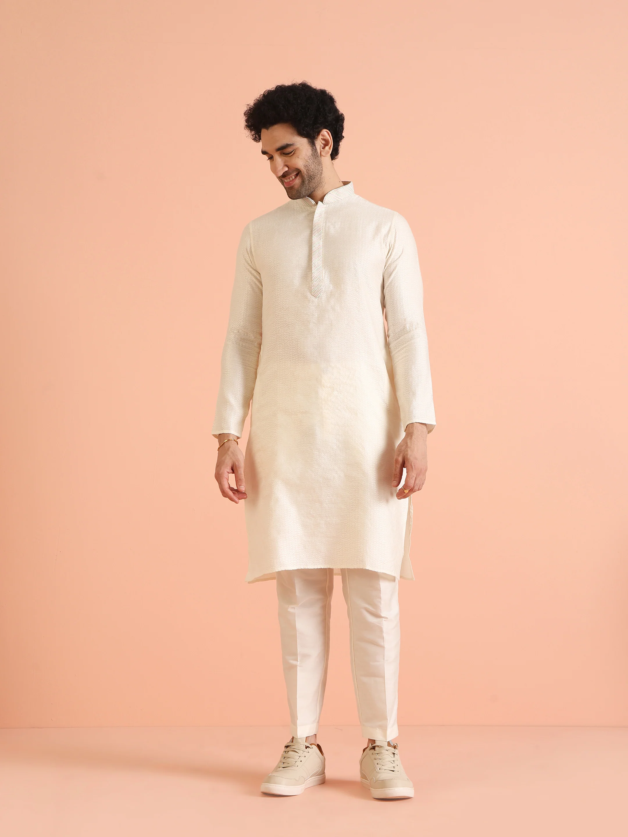 Cream Silk Blend Kurta Set with Intricate Woven Detailing and Matching Trousers â€“ Fes - Image 2
