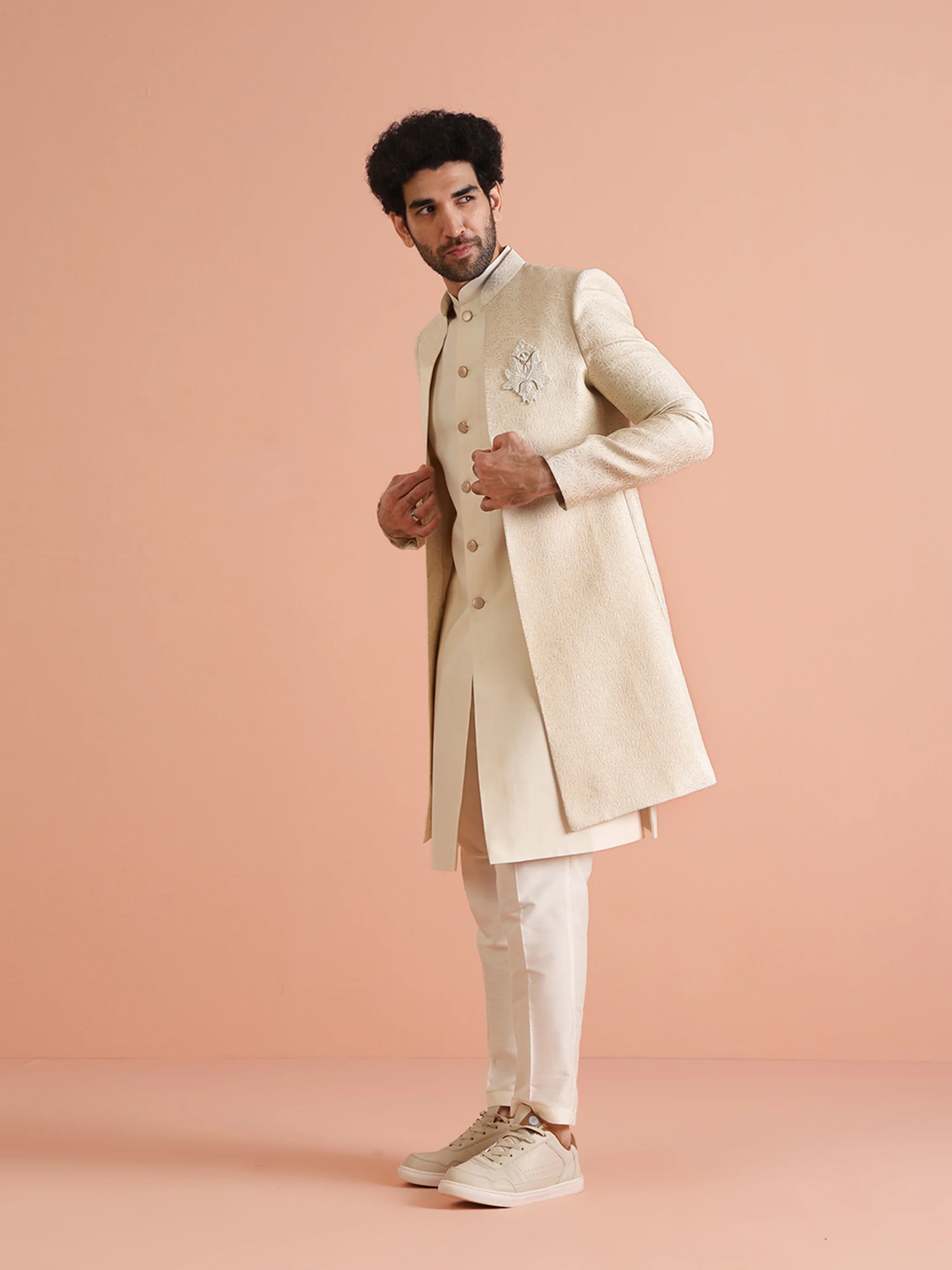 Cream Silk Blend Sherwani Trouser Set with Brooch - Image 8