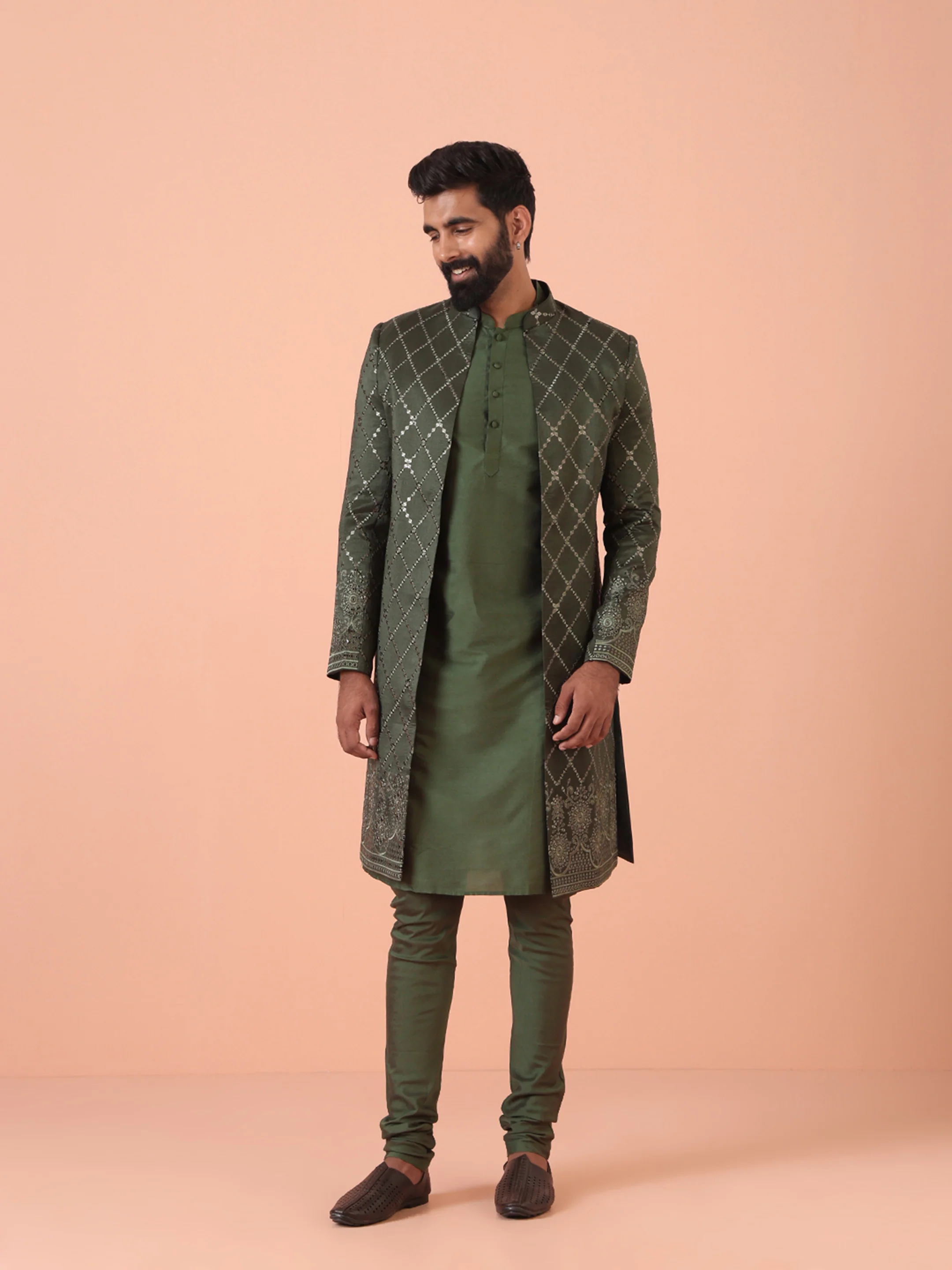 Men Olive Embellished Kurta Indowestern Churidar Set
