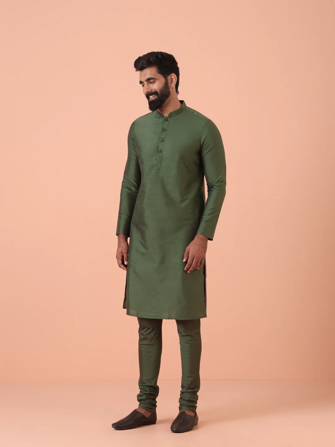 Men Olive Embellished Kurta Indowestern Churidar Set - Image 7