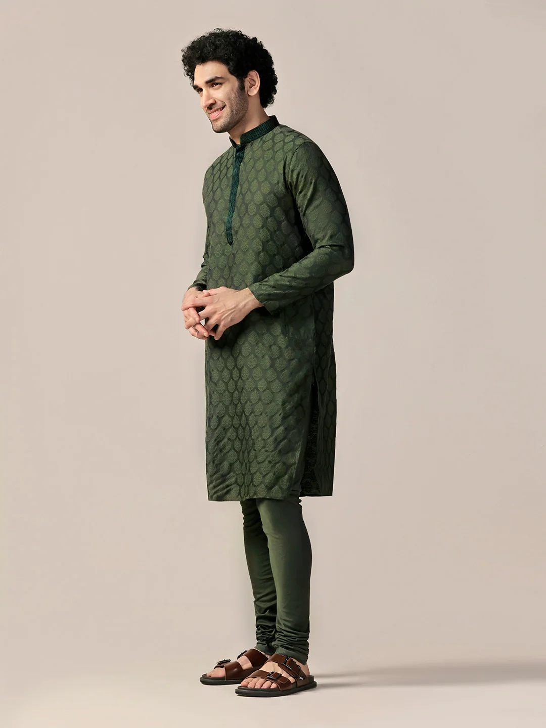 Men Olive Kurta Churidar Set - Image 2