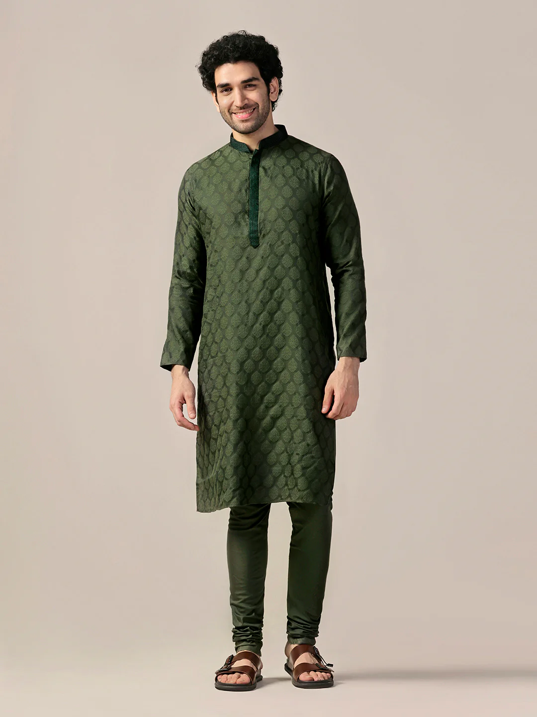 Men Olive Kurta Churidar Set - Image 7
