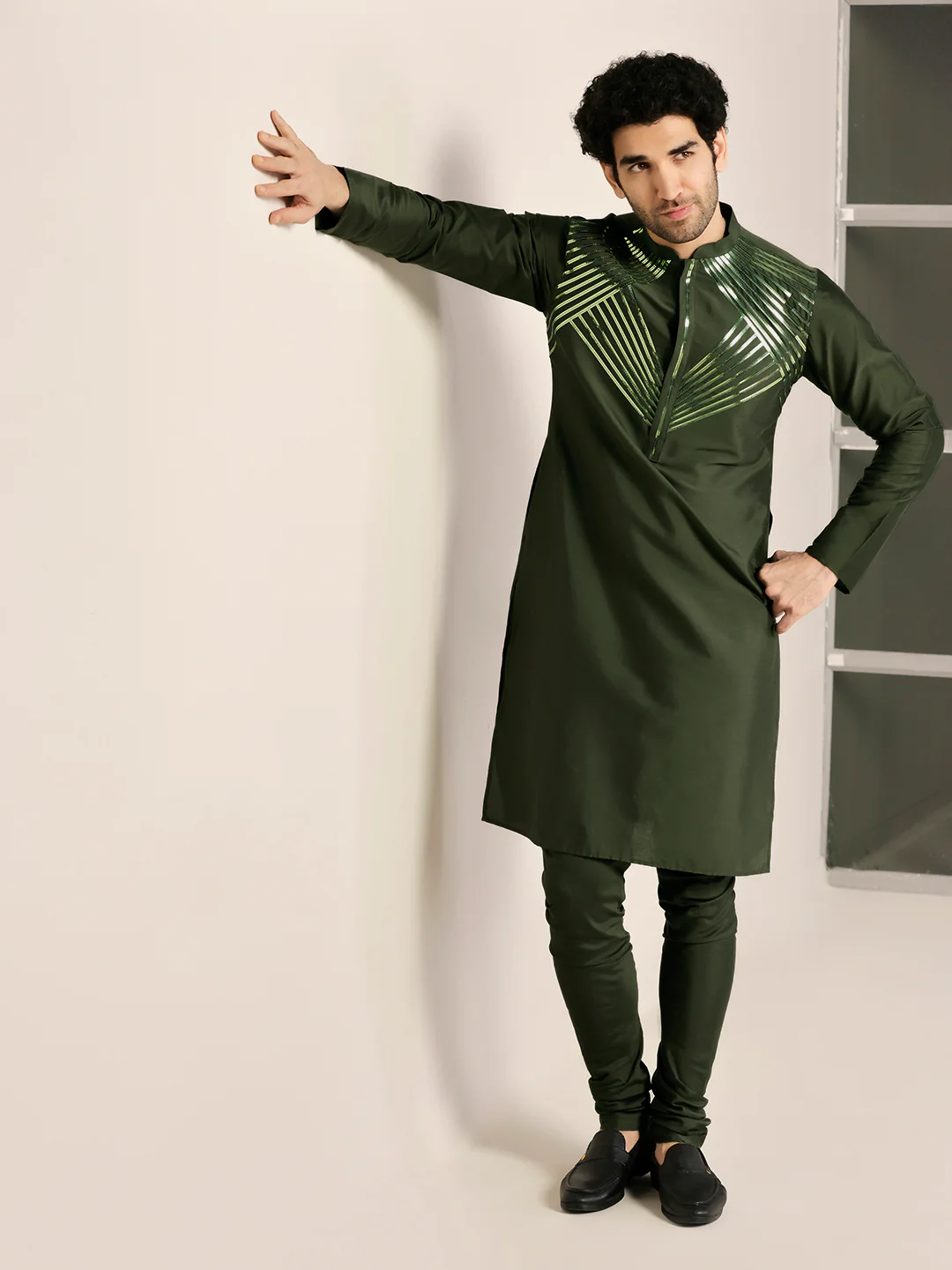 Men Olive Green Tape Work Embellished Kurta Churidar Set