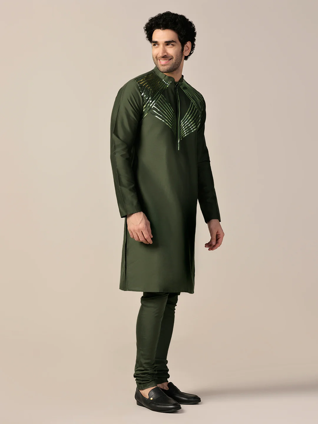 Men Olive Green Tape Work Embellished Kurta Churidar Set - Image 2