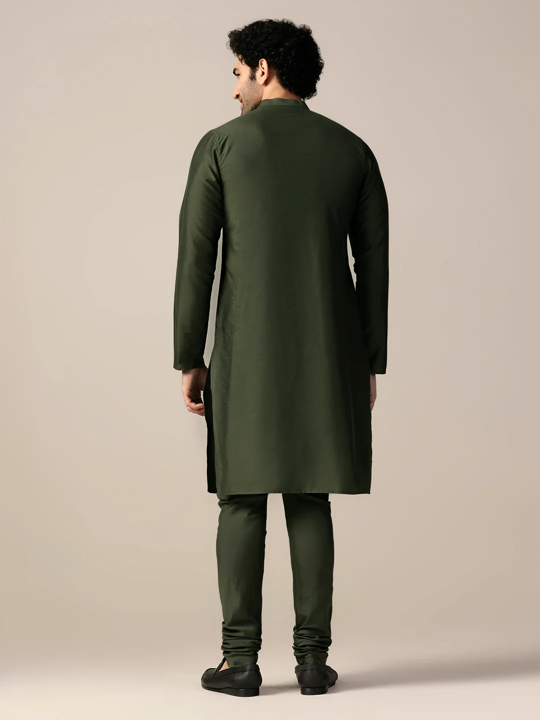 Men Olive Green Tape Work Embellished Kurta Churidar Set - Image 4