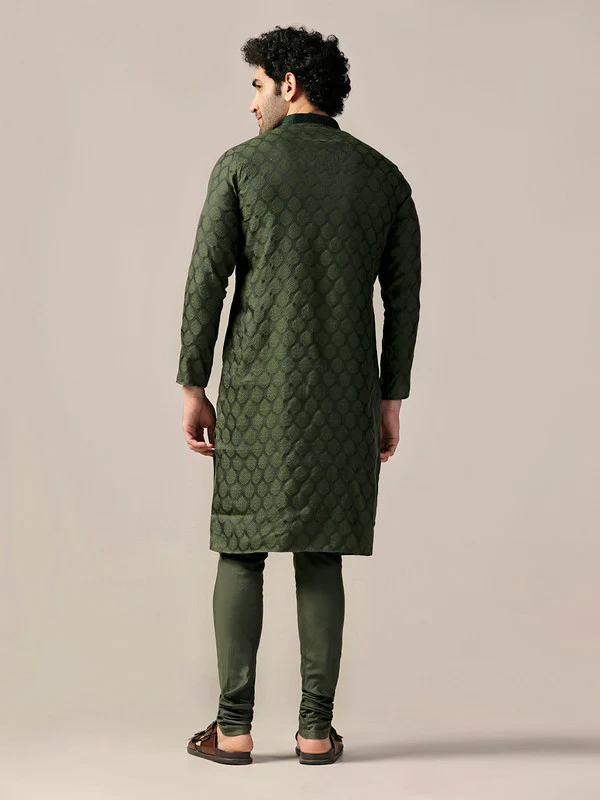 Bottle Green Silk Jacquard Kurta - Image 4