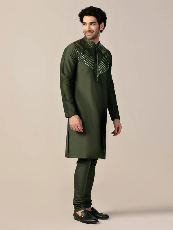 Green Silk Metallic Embellished Long Kurta - Image 3