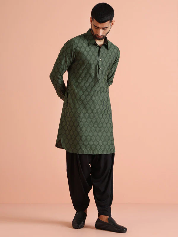 Green Silk Blend Jacquard Pathani Kurta - Image 2