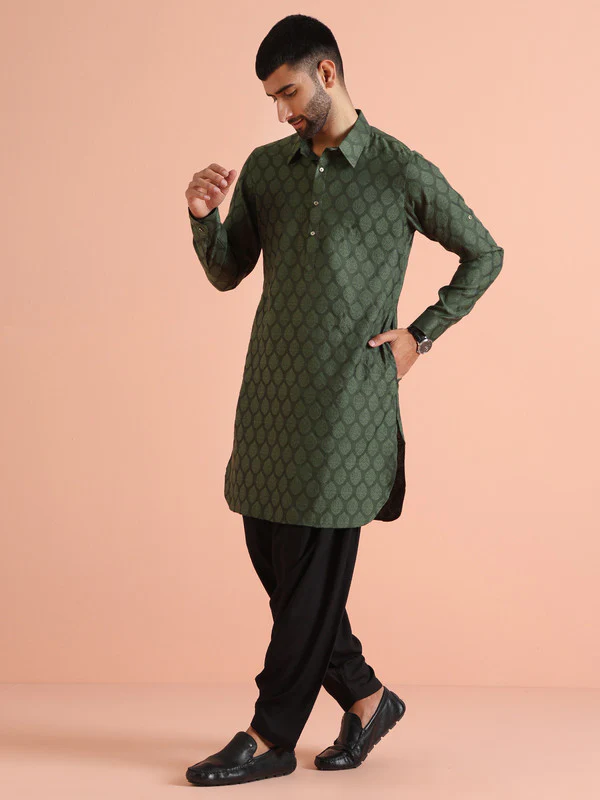Green Silk Blend Jacquard Pathani Kurta - Image 3