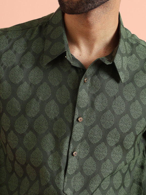 Green Silk Blend Jacquard Pathani Kurta - Image 5