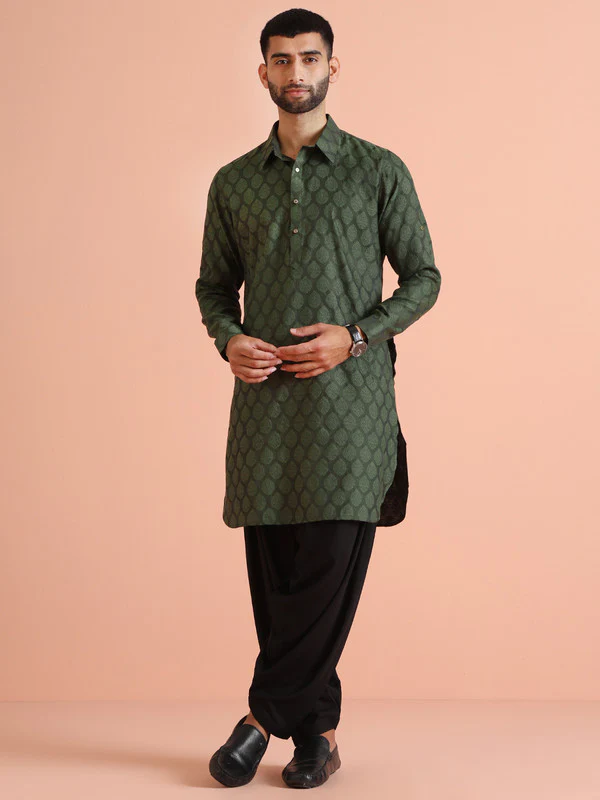 Green Silk Blend Jacquard Pathani Kurta Patiyala Set