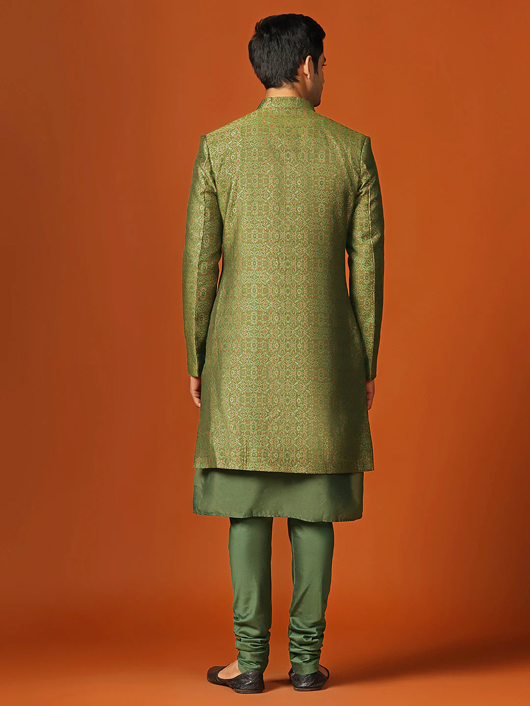 Men Olive Kurta Sherwani Churidar Set - Image 4