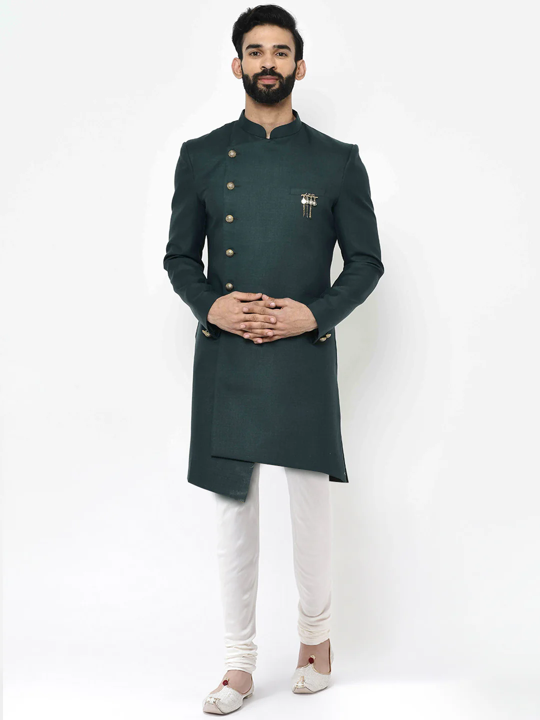 Dark Green Solid Sherwani with Cream Churidar