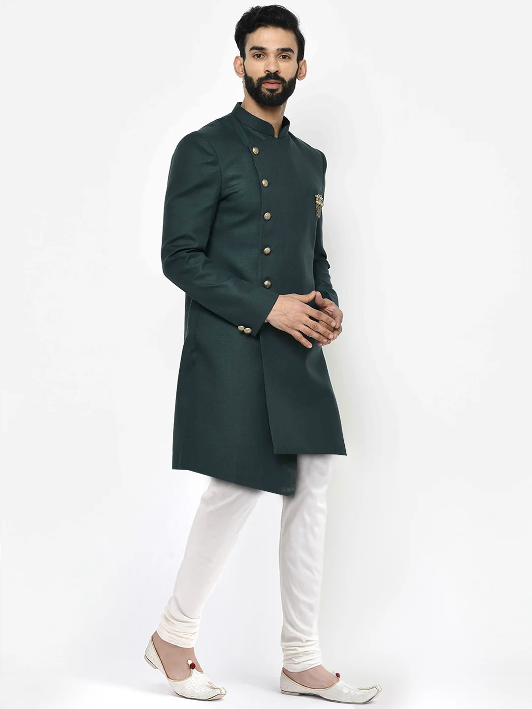 Dark Green Solid Sherwani with Cream Churidar - Image 3