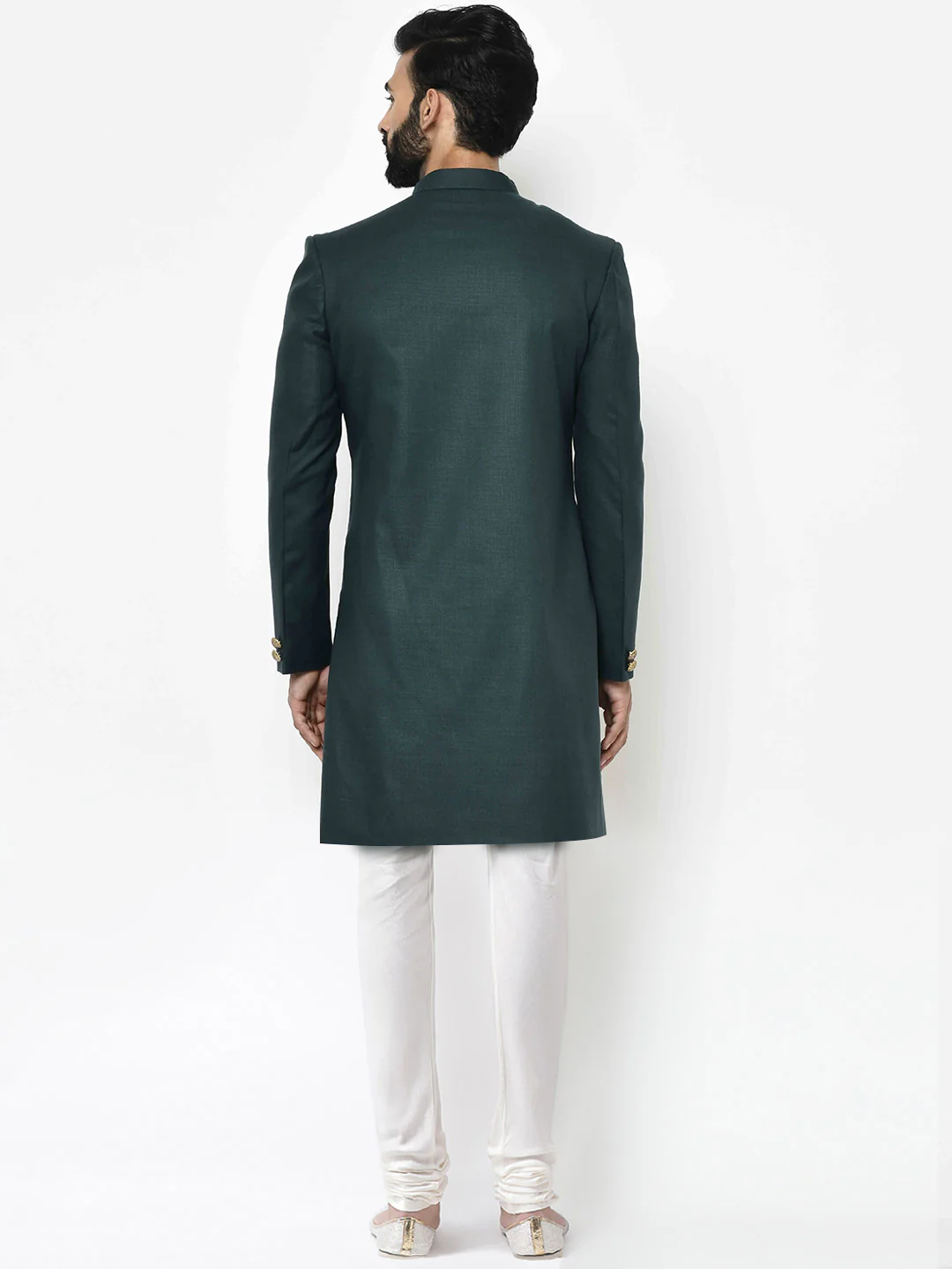 Dark Green Solid Sherwani with Cream Churidar - Image 4