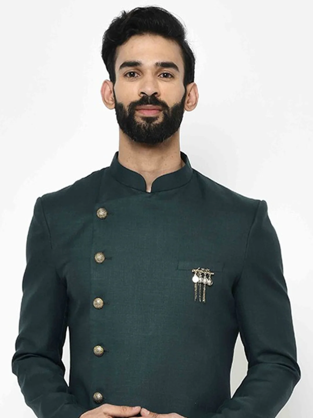 Dark Green Solid Sherwani with Cream Churidar - Image 5