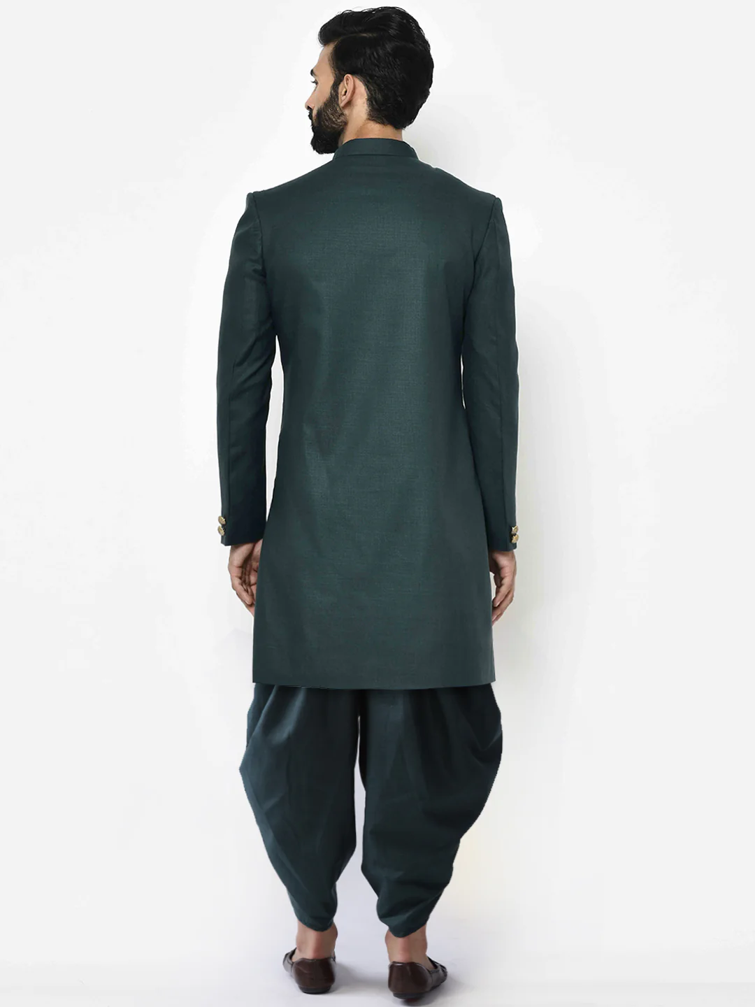 Dark Green Solid Sherwani with Black Dhoti - Image 4