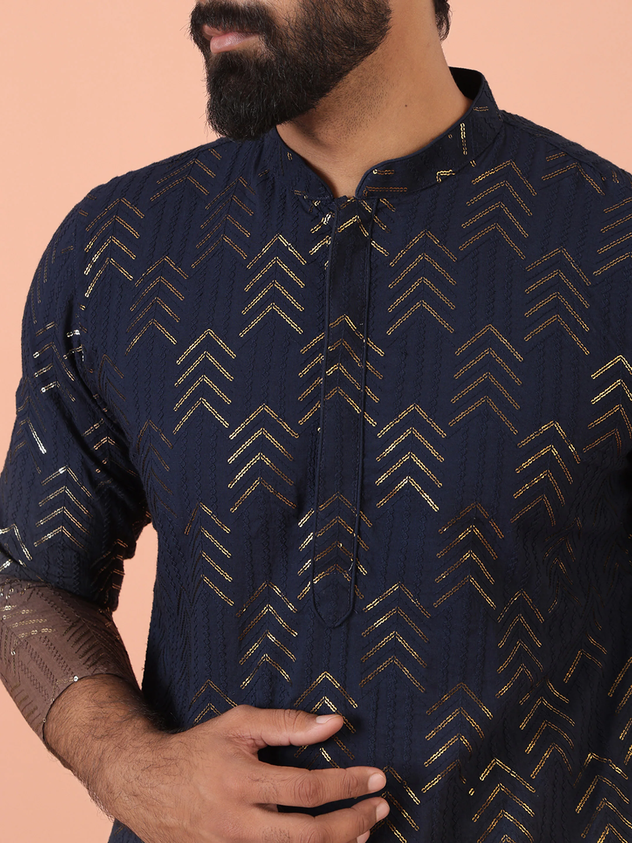 Navy Ombre Golden Print Silk Kurta - Image 5