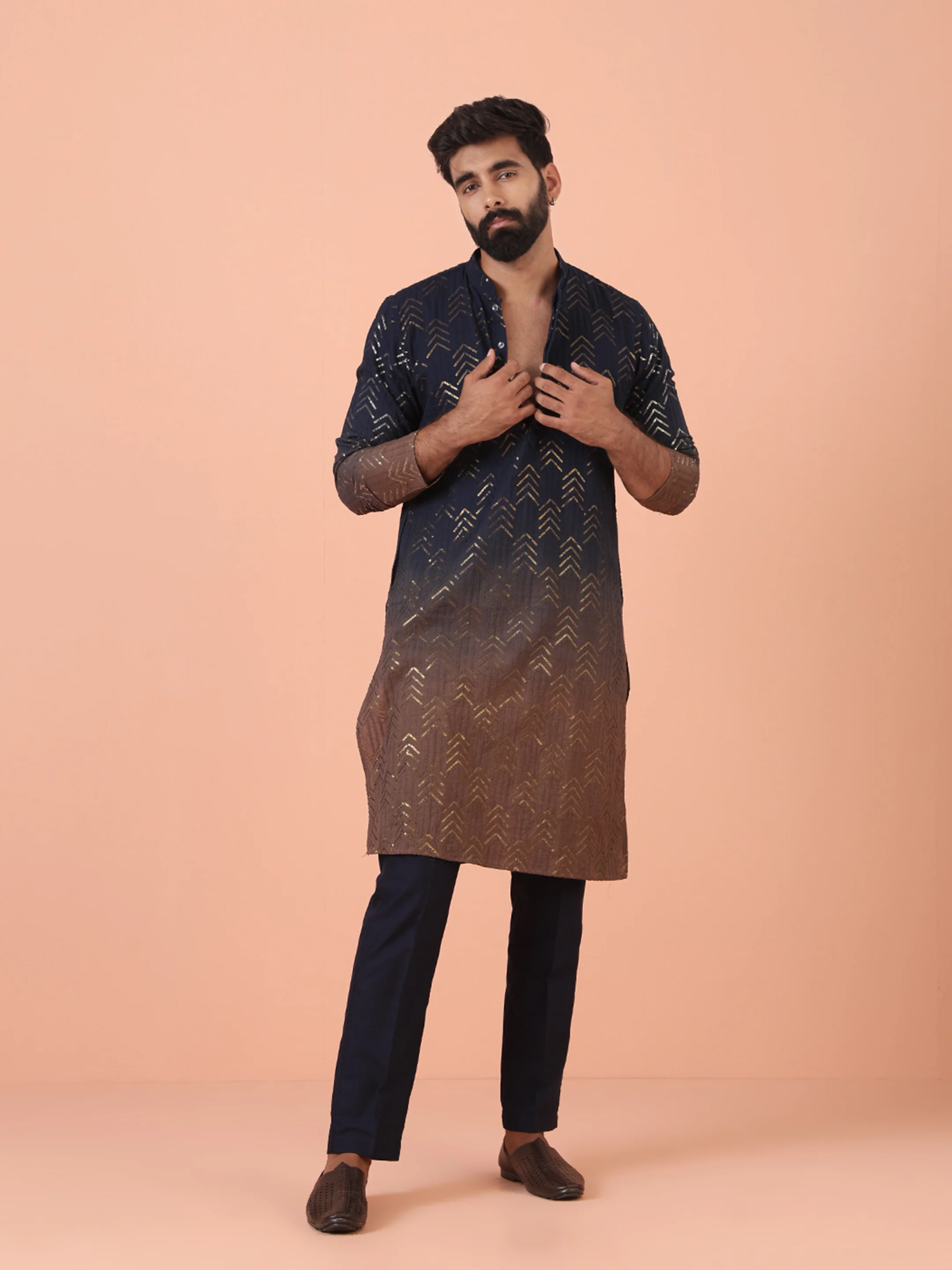 Navy Ombre Golden Print Silk Kurta - Image 6