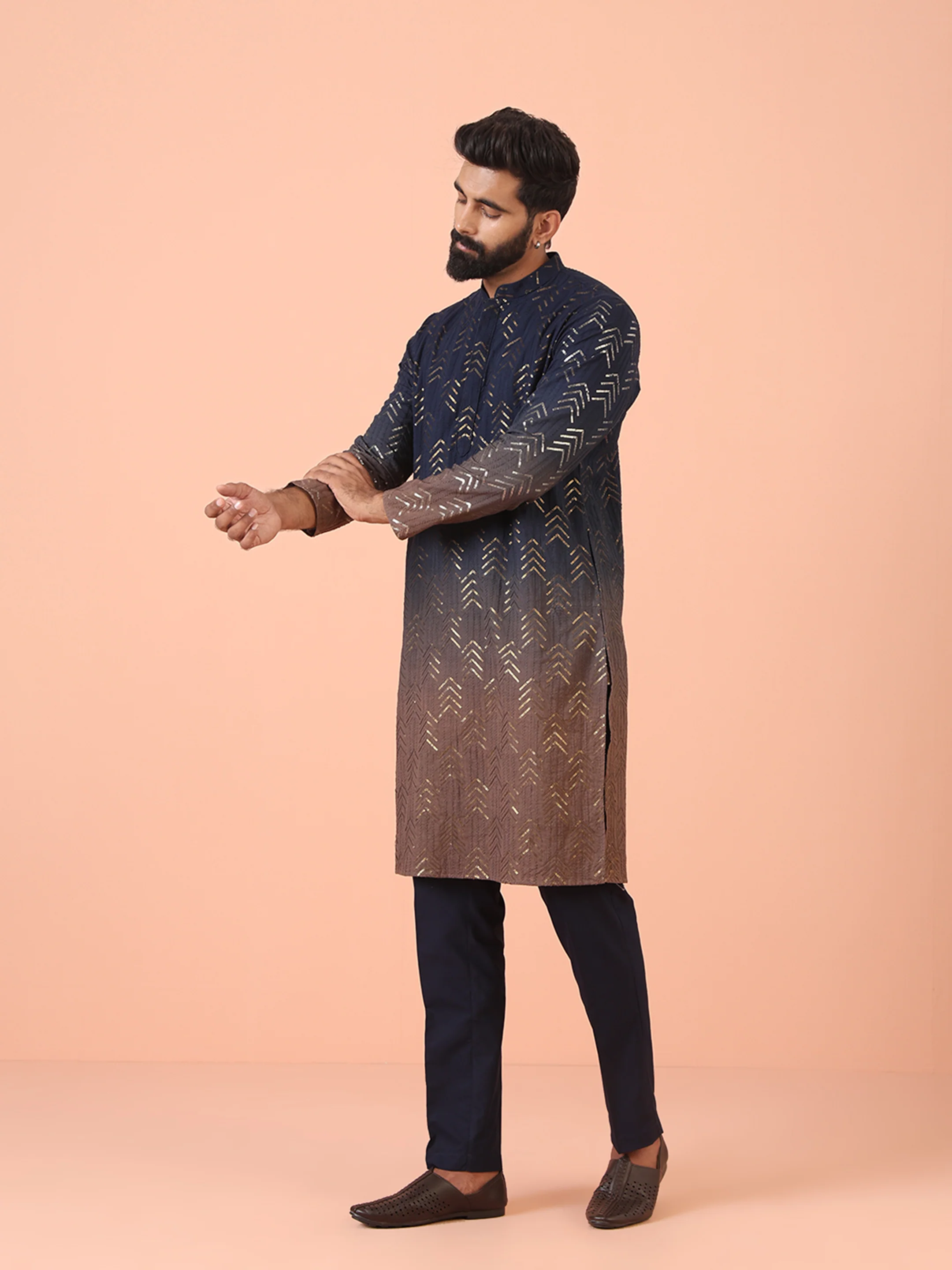 Navy Ombre Metallic Kurta Trouser Set - Image 3