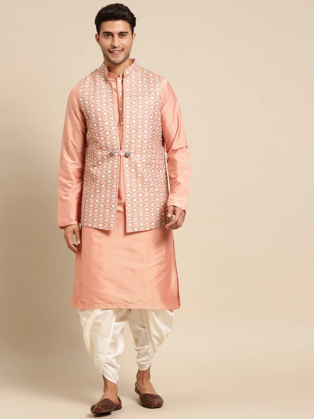 Men Peach kurta jacket set