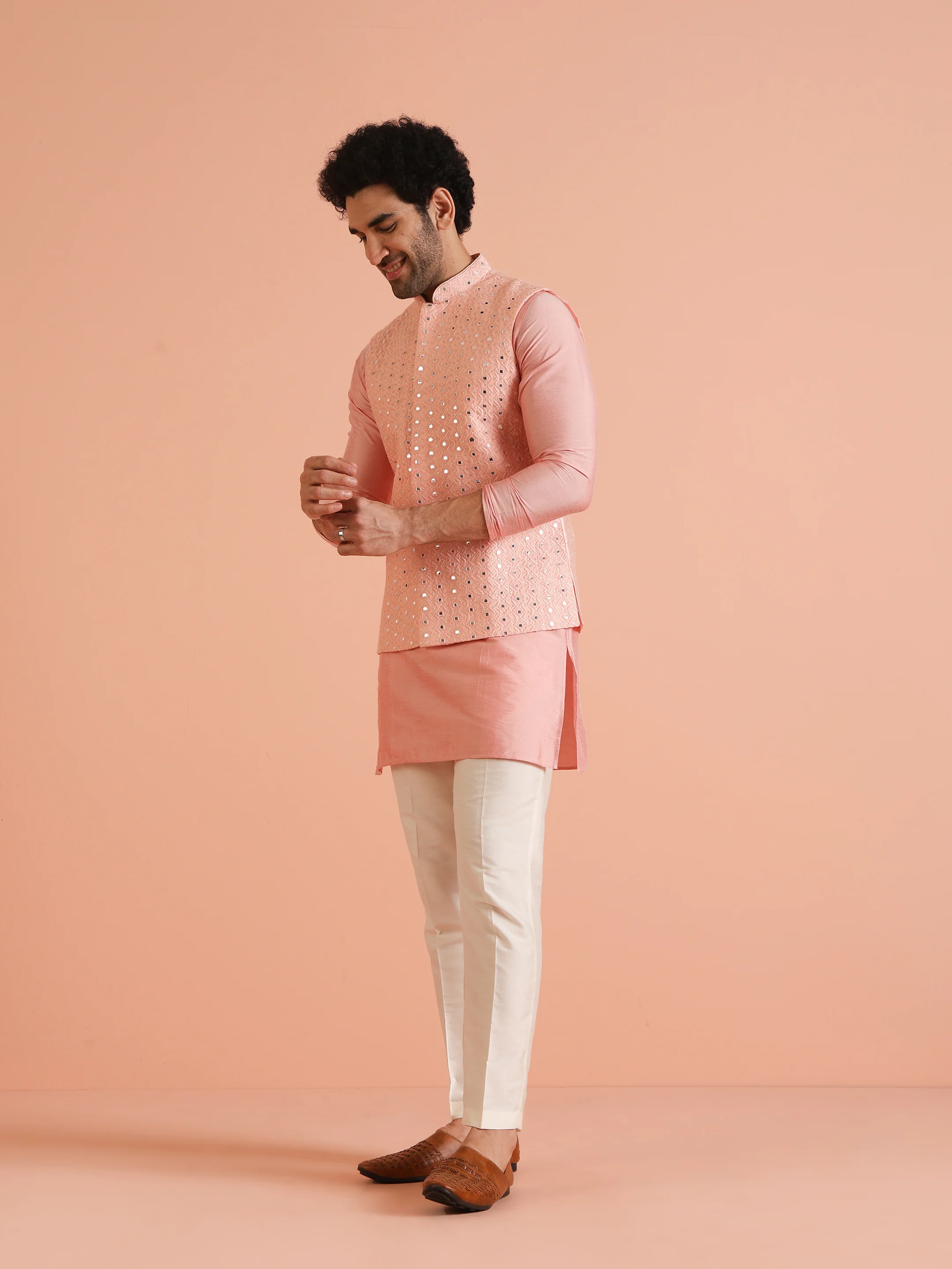 Pink Mirror Work Embroidered Nehru Jacket with Kurta Trouser - Image 3
