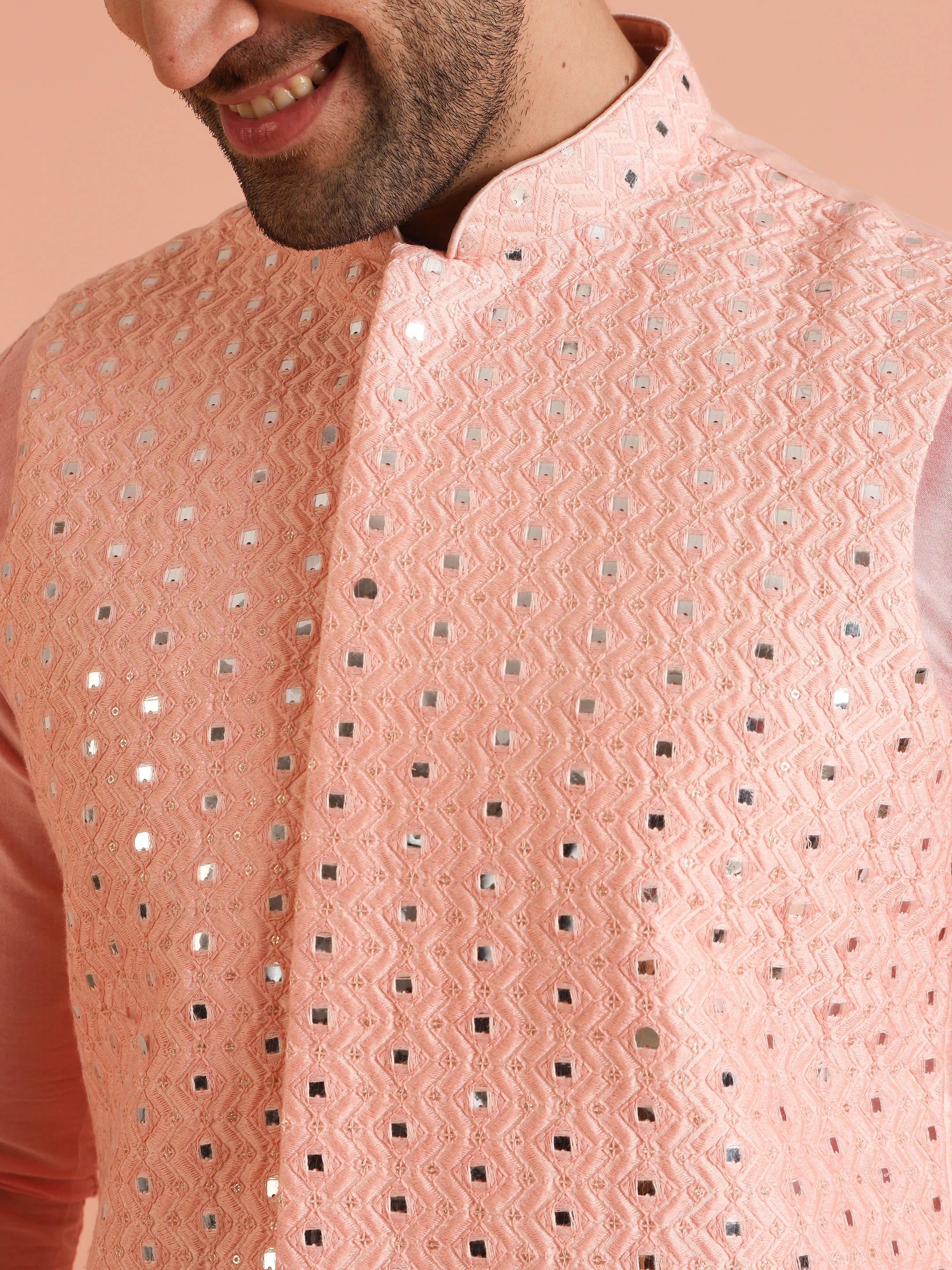 Pink Mirror Work Embroidered Nehru Jacket with Kurta Trouser - Image 5