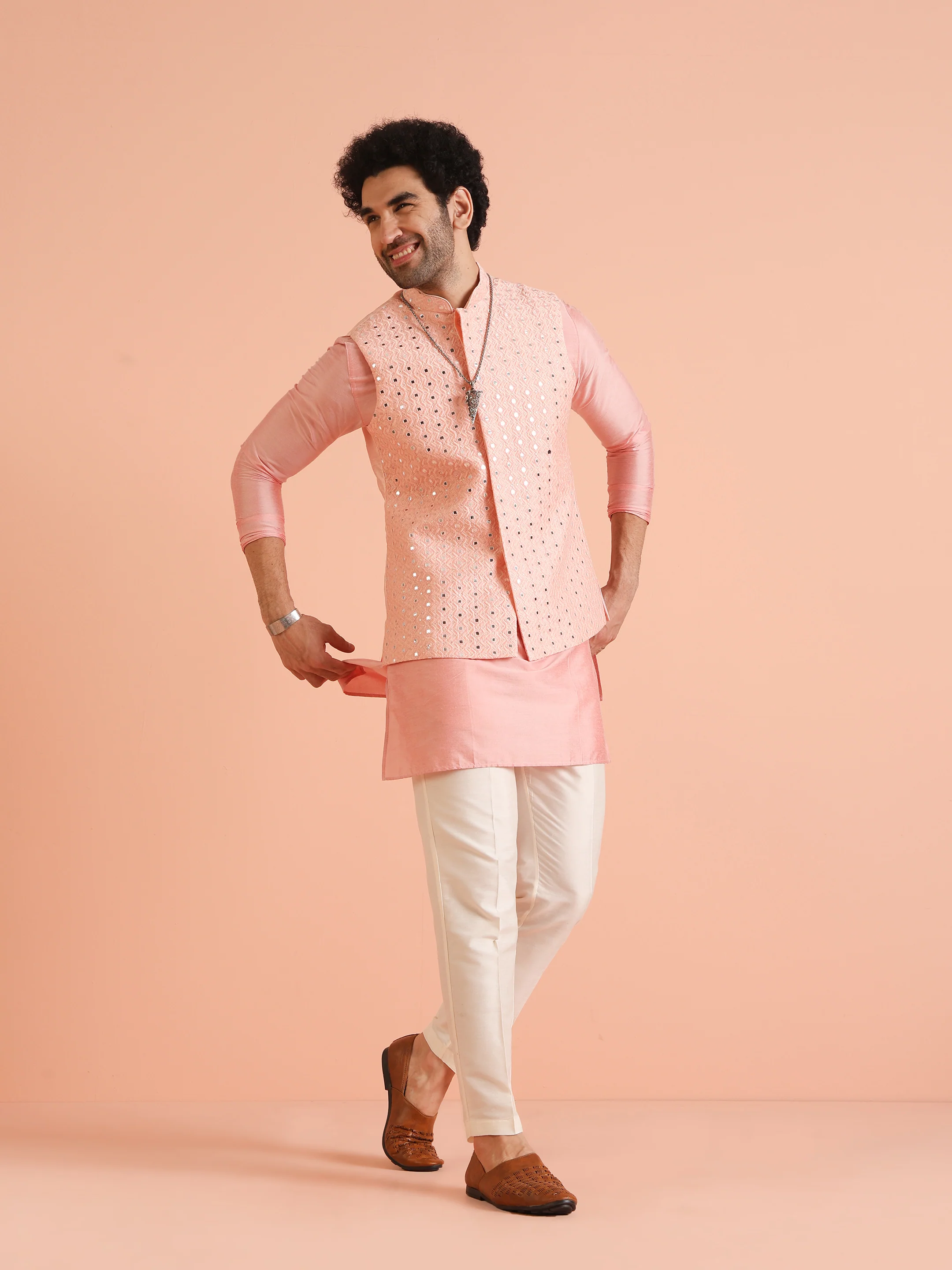 Pink Mirror Work Embroidered Nehru Jacket with Kurta Trouser - Image 8
